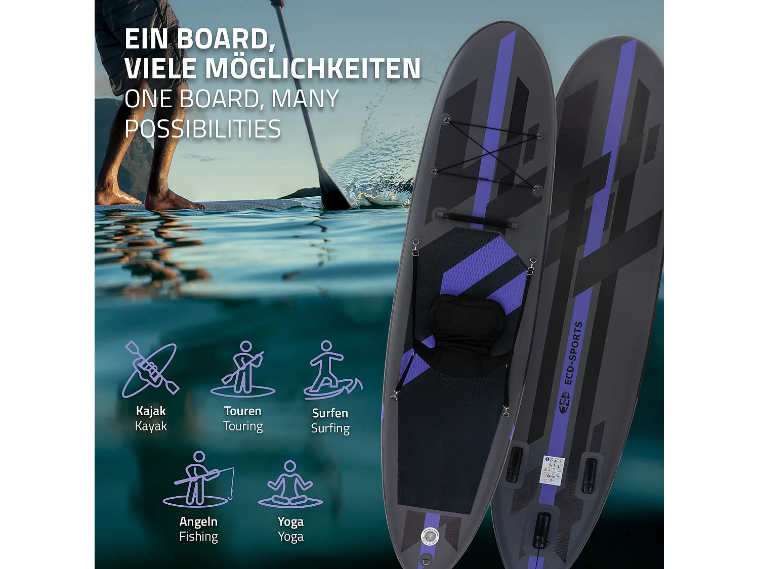 Planche stand up 320x82x15 cm noir PVC gonflable 120 kg revêtement antidérapant avec siège de kayak pompe sac de transport kit de réparation pagaie