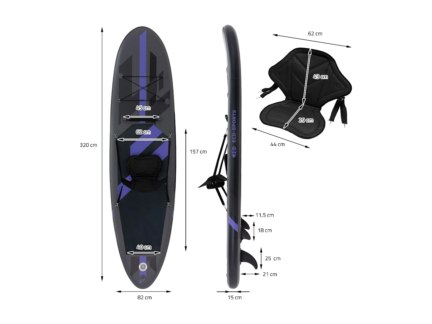 Planche stand up 320x82x15 cm noir PVC gonflable 120 kg revêtement antidérapant avec siège de kayak pompe sac de transport kit de réparation pagaie