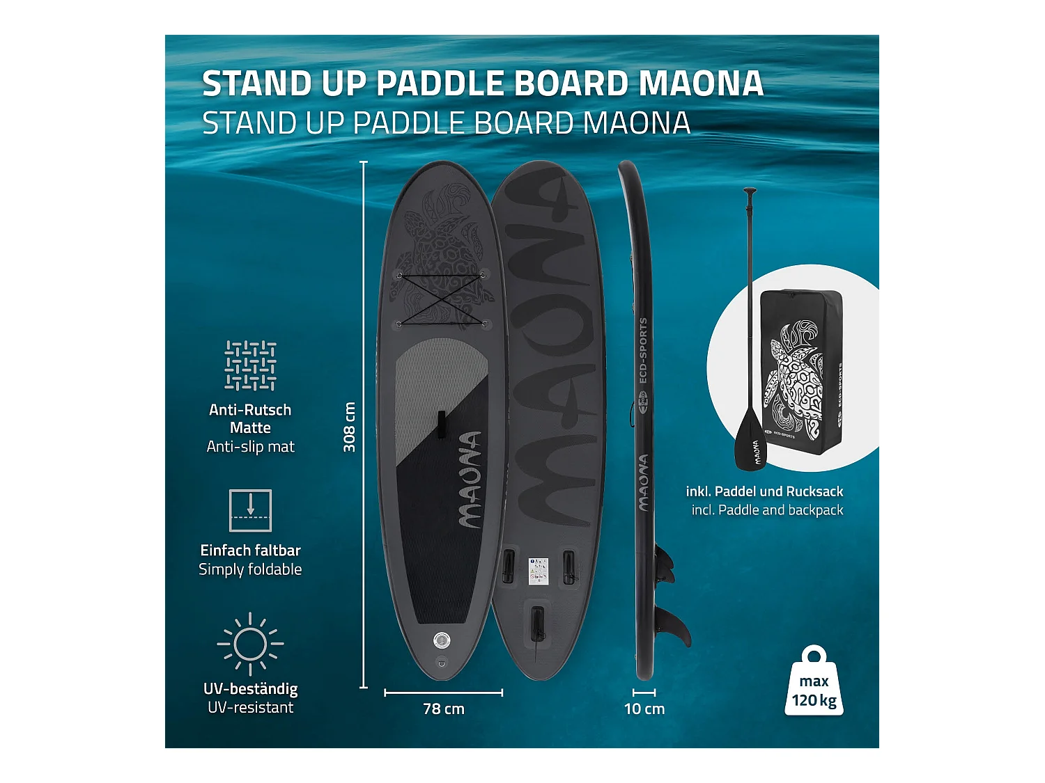 Planche stand up Maona 308 x 78 x 10 cm noir PVC gonflable jusqu'à 120 kg revêtement antidérapant avec pompe sac de transport kit de réparation pagaie