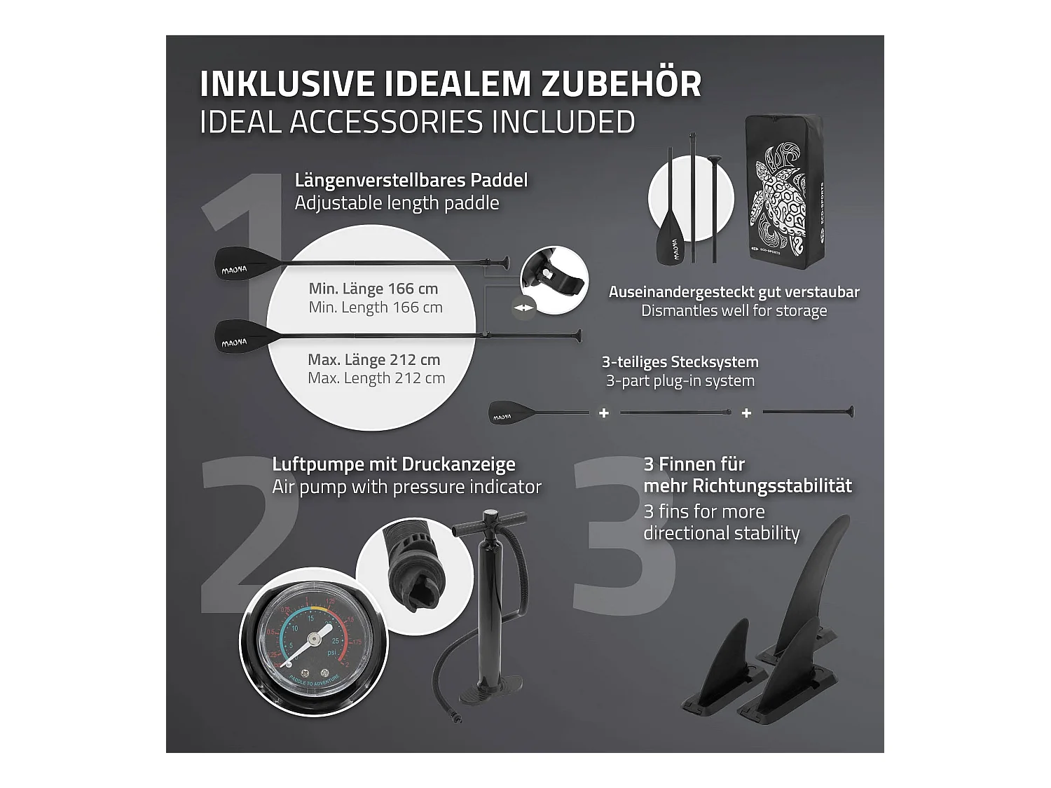 Planche stand up Maona 308 x 78 x 10 cm noir PVC gonflable jusqu'à 120 kg revêtement antidérapant avec pompe sac de transport kit de réparation pagaie