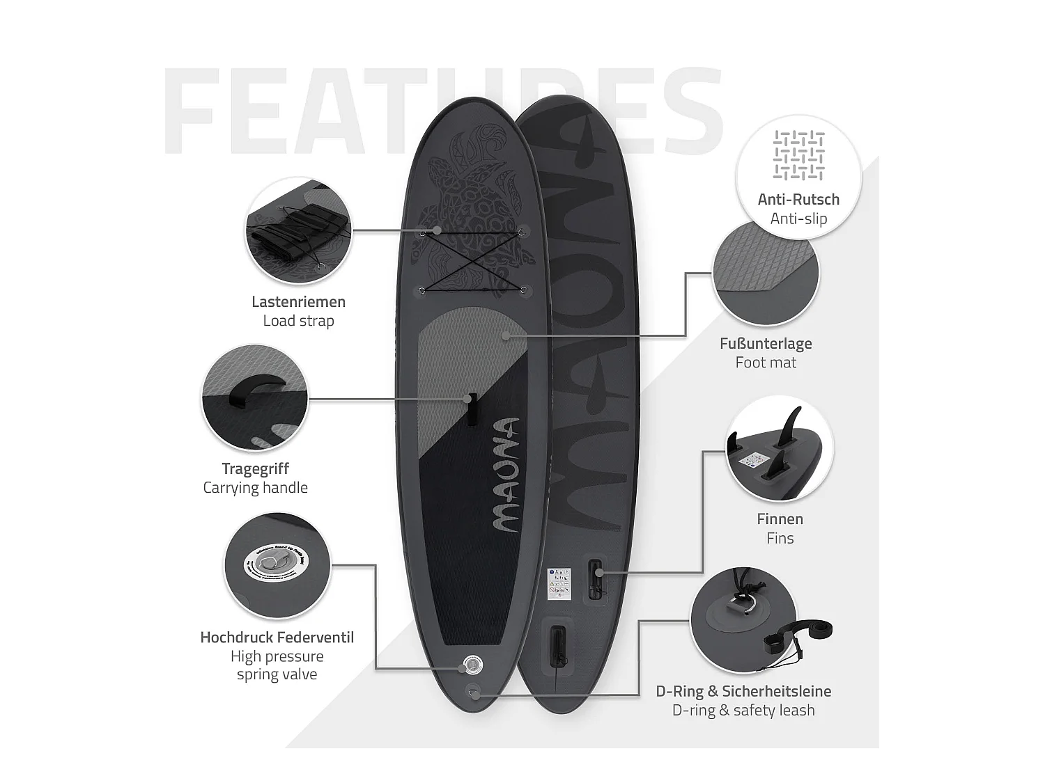 Planche stand up Maona 308 x 78 x 10 cm noir PVC gonflable jusqu'à 120 kg revêtement antidérapant avec pompe sac de transport kit de réparation pagaie