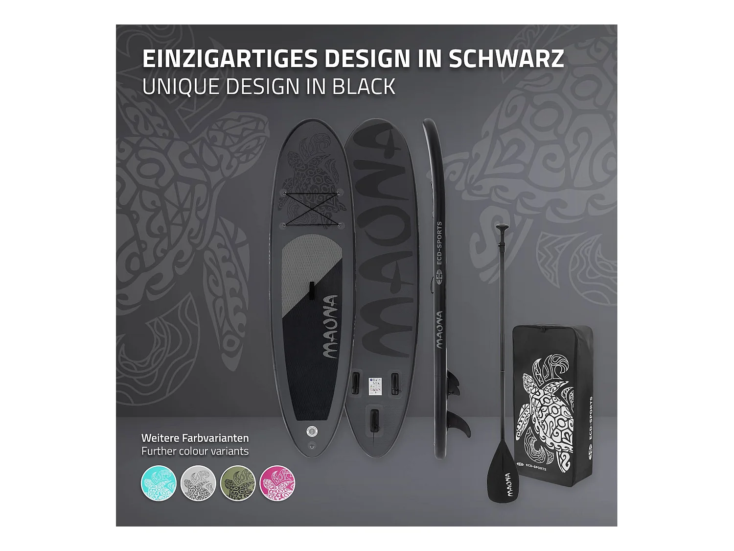 Planche stand up Maona 308 x 78 x 10 cm noir PVC gonflable jusqu'à 120 kg revêtement antidérapant avec pompe sac de transport kit de réparation pagaie