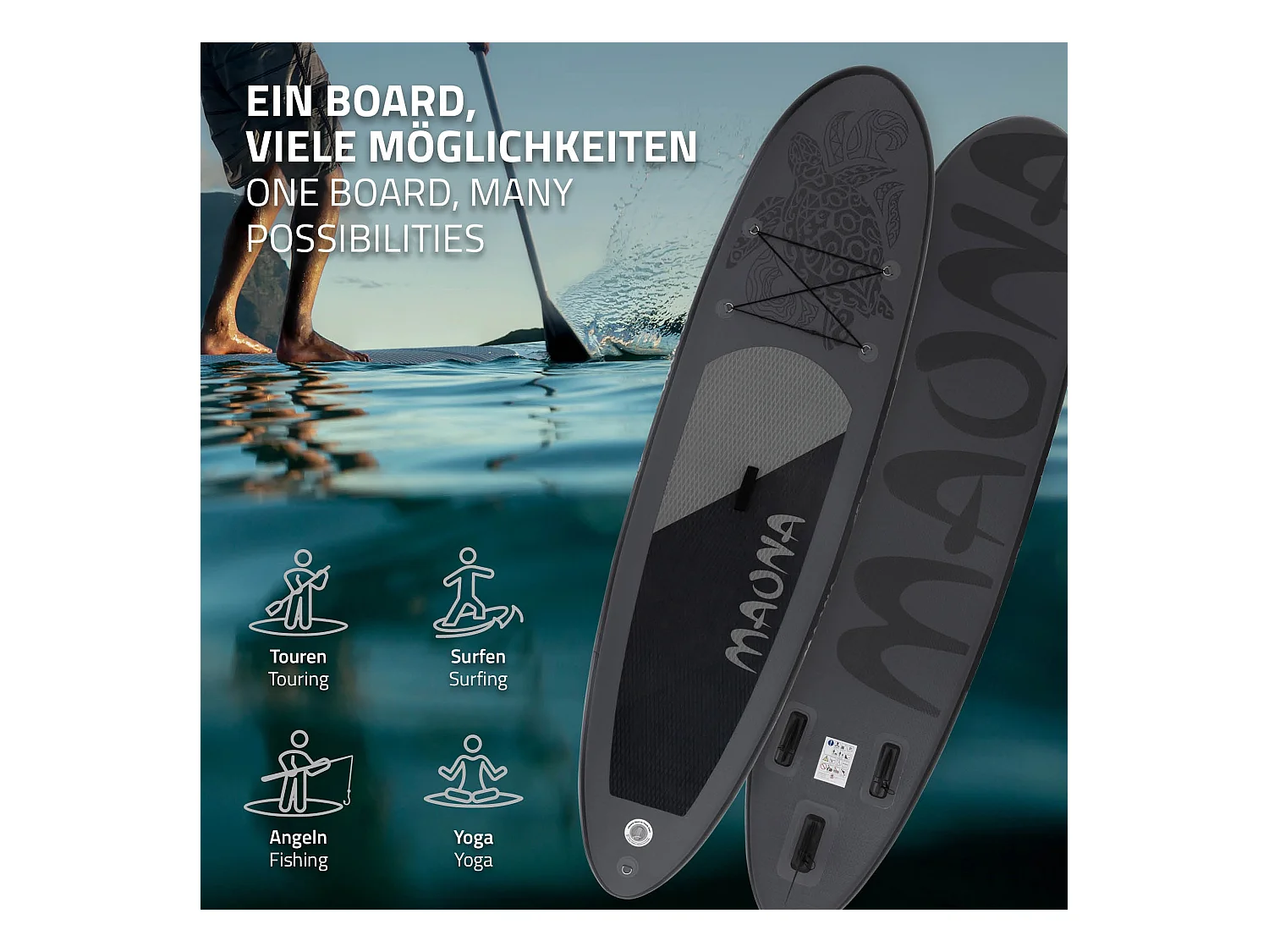 Planche stand up Maona 308 x 78 x 10 cm noir PVC gonflable jusqu'à 120 kg revêtement antidérapant avec pompe sac de transport kit de réparation pagaie
