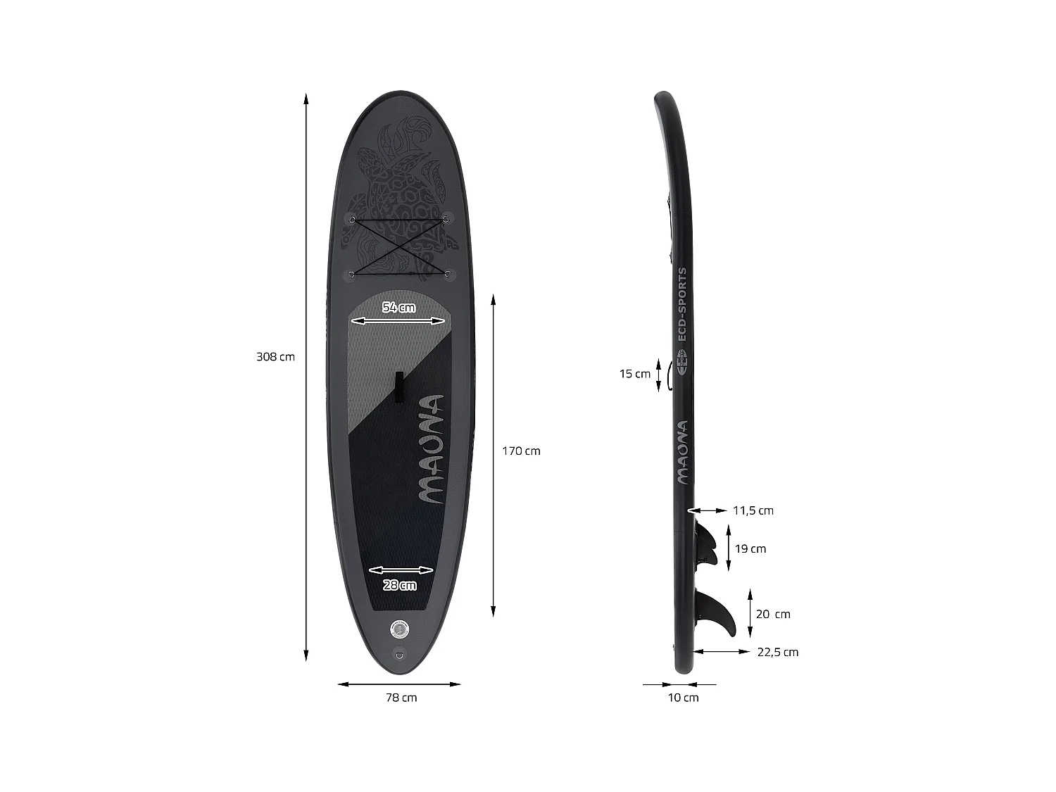 Planche stand up Maona 308 x 78 x 10 cm noir PVC gonflable jusqu'à 120 kg revêtement antidérapant avec pompe sac de transport kit de réparation pagaie