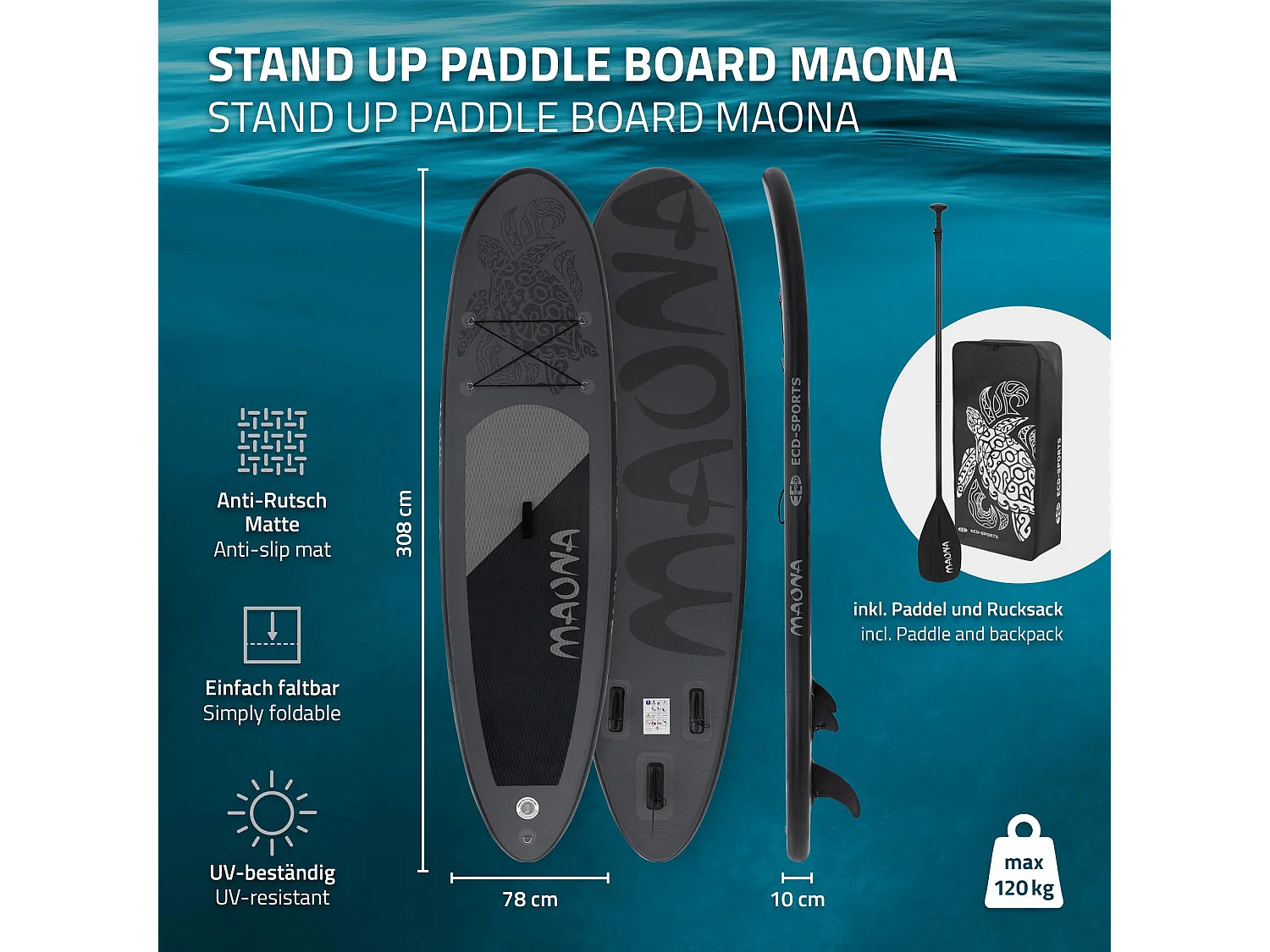 Planche stand up Maona 308 x 78 x 10 cm noir PVC gonflable jusqu'à 120 kg revêtement antidérapant avec pompe sac de transport kit de réparation pagaie