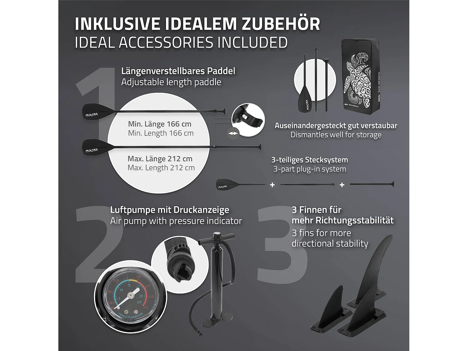 Planche stand up Maona 308 x 78 x 10 cm noir PVC gonflable jusqu'à 120 kg revêtement antidérapant avec pompe sac de transport kit de réparation pagaie