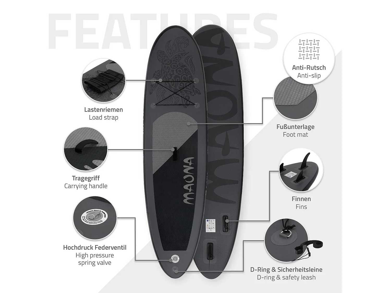 Planche stand up Maona 308 x 78 x 10 cm noir PVC gonflable jusqu'à 120 kg revêtement antidérapant avec pompe sac de transport kit de réparation pagaie