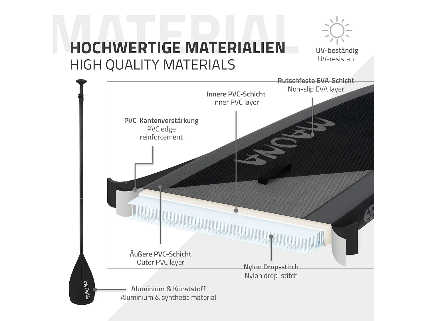 Planche stand up Maona 308 x 78 x 10 cm noir PVC gonflable jusqu'à 120 kg revêtement antidérapant avec pompe sac de transport kit de réparation pagaie