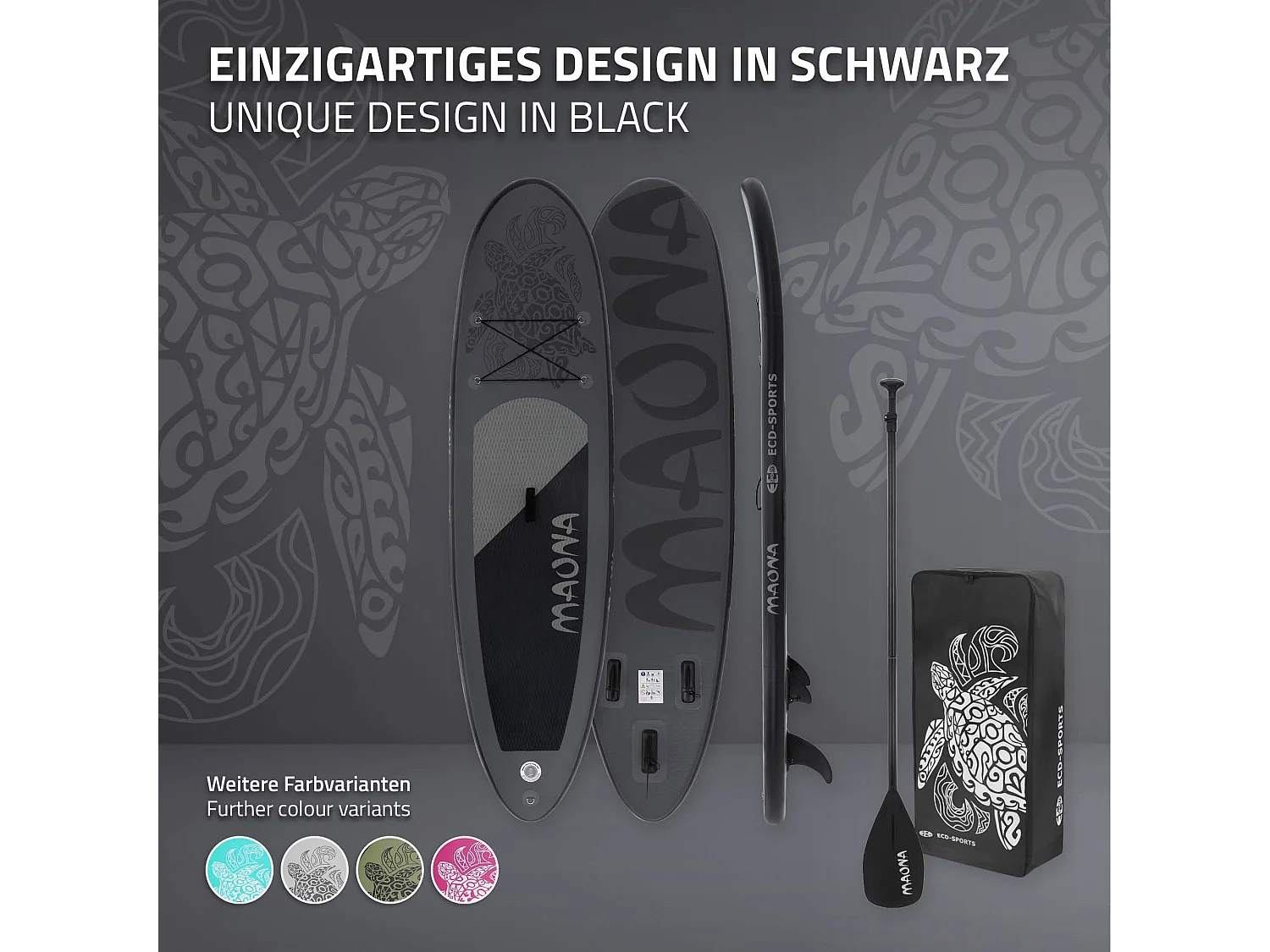 Planche stand up Maona 308 x 78 x 10 cm noir PVC gonflable jusqu'à 120 kg revêtement antidérapant avec pompe sac de transport kit de réparation pagaie