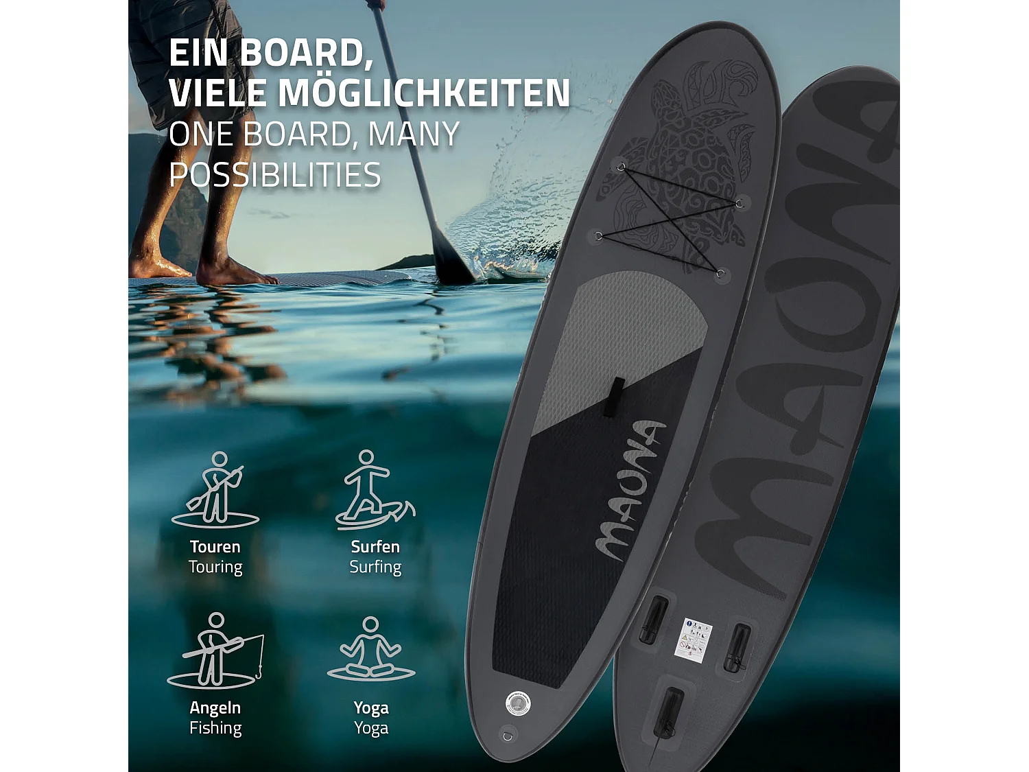 Planche stand up Maona 308 x 78 x 10 cm noir PVC gonflable jusqu'à 120 kg revêtement antidérapant avec pompe sac de transport kit de réparation pagaie