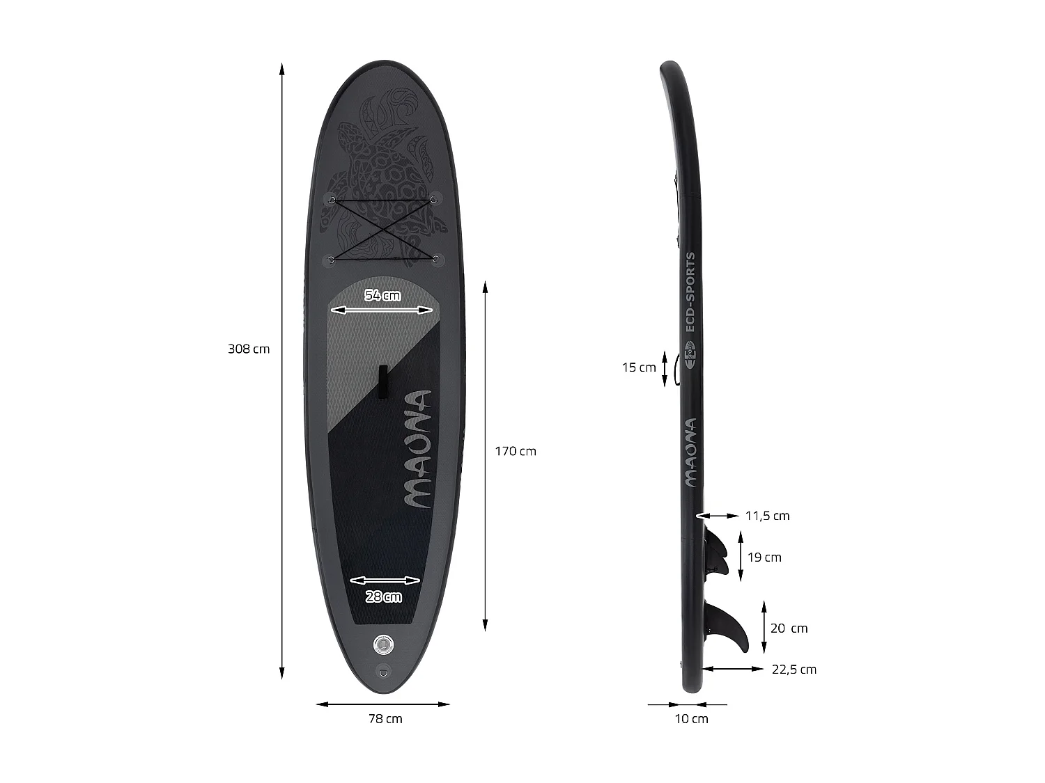 Planche stand up Maona 308 x 78 x 10 cm noir PVC gonflable jusqu'à 120 kg revêtement antidérapant avec pompe sac de transport kit de réparation pagaie