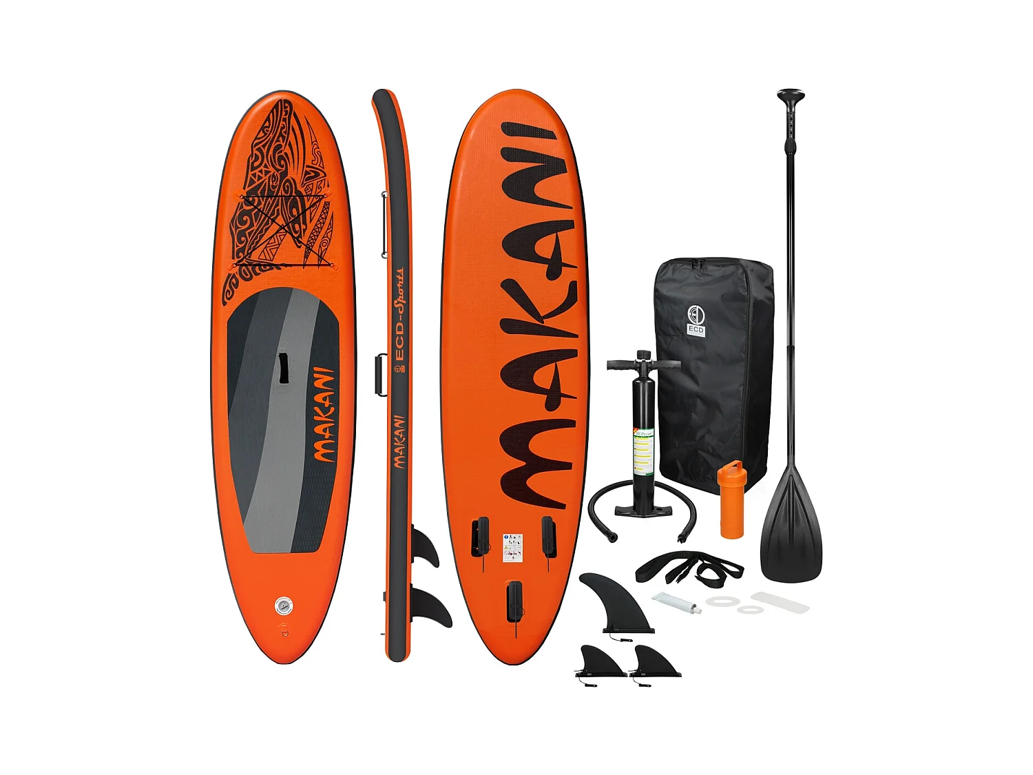 Planche stand up Makani 320x82x15 cm orange PVC gonflable jusqu'à 150 kg revêtement antidérapant avec pompe sac de transport kit de réparation pagaie
