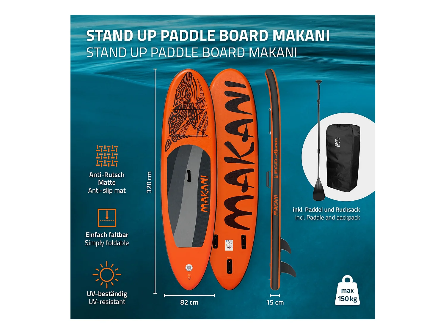 Planche stand up Makani 320x82x15 cm orange PVC gonflable jusqu'à 150 kg revêtement antidérapant avec pompe sac de transport kit de réparation pagaie