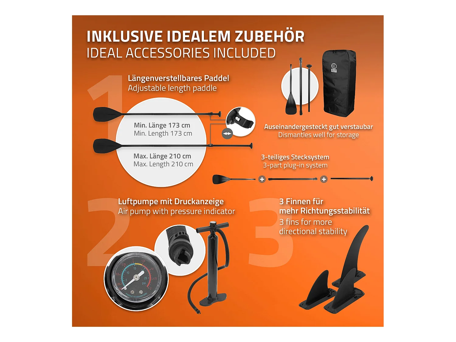 Planche stand up Makani 320x82x15 cm orange PVC gonflable jusqu'à 150 kg revêtement antidérapant avec pompe sac de transport kit de réparation pagaie