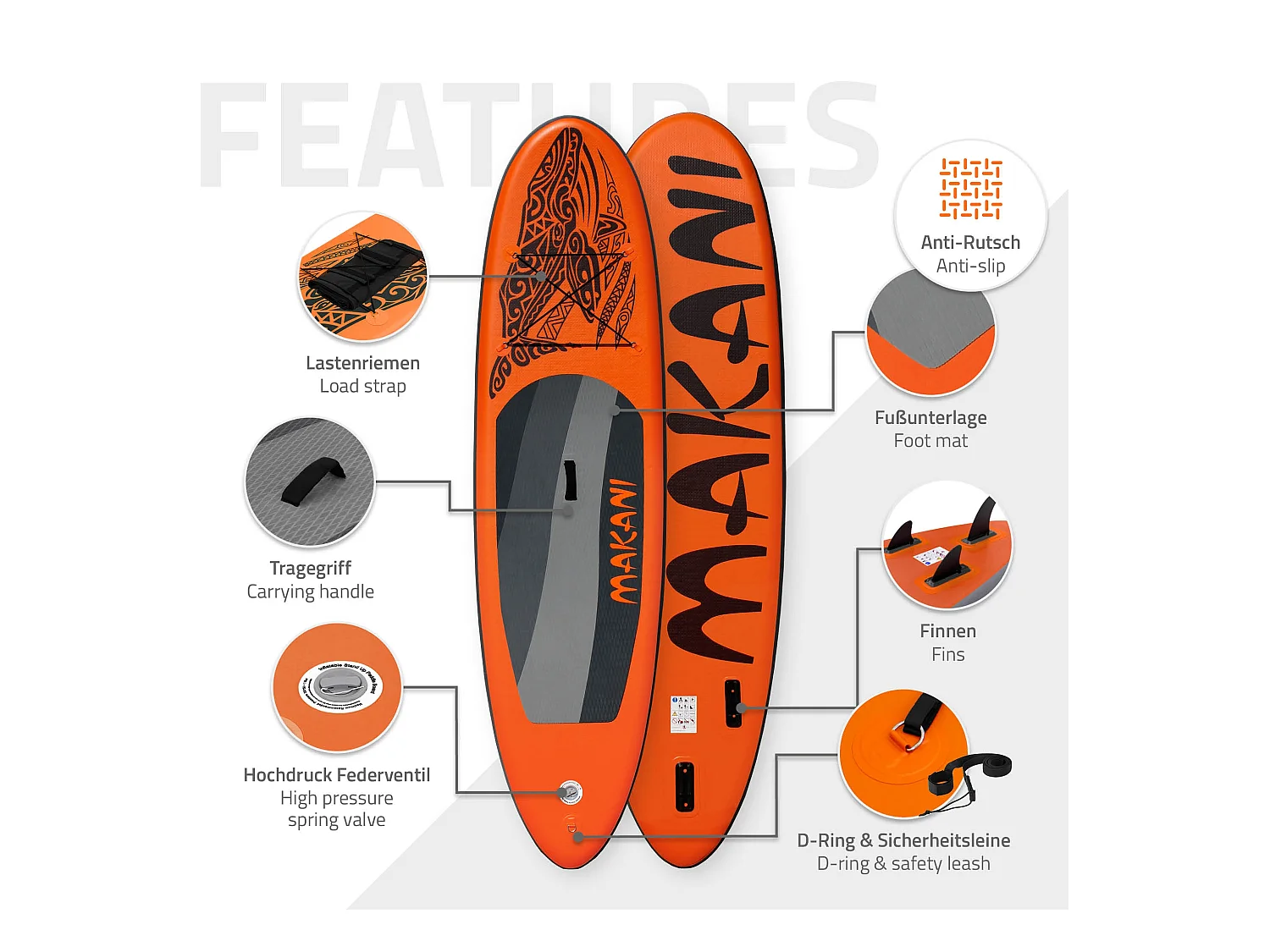 Planche stand up Makani 320x82x15 cm orange PVC gonflable jusqu'à 150 kg revêtement antidérapant avec pompe sac de transport kit de réparation pagaie