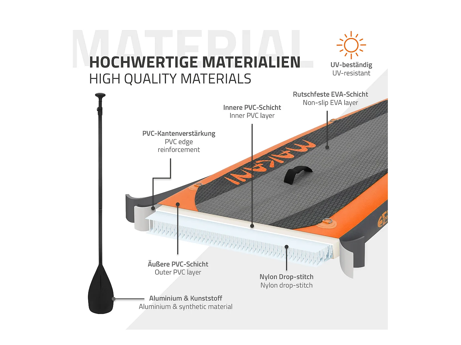 Planche stand up Makani 320x82x15 cm orange PVC gonflable jusqu'à 150 kg revêtement antidérapant avec pompe sac de transport kit de réparation pagaie