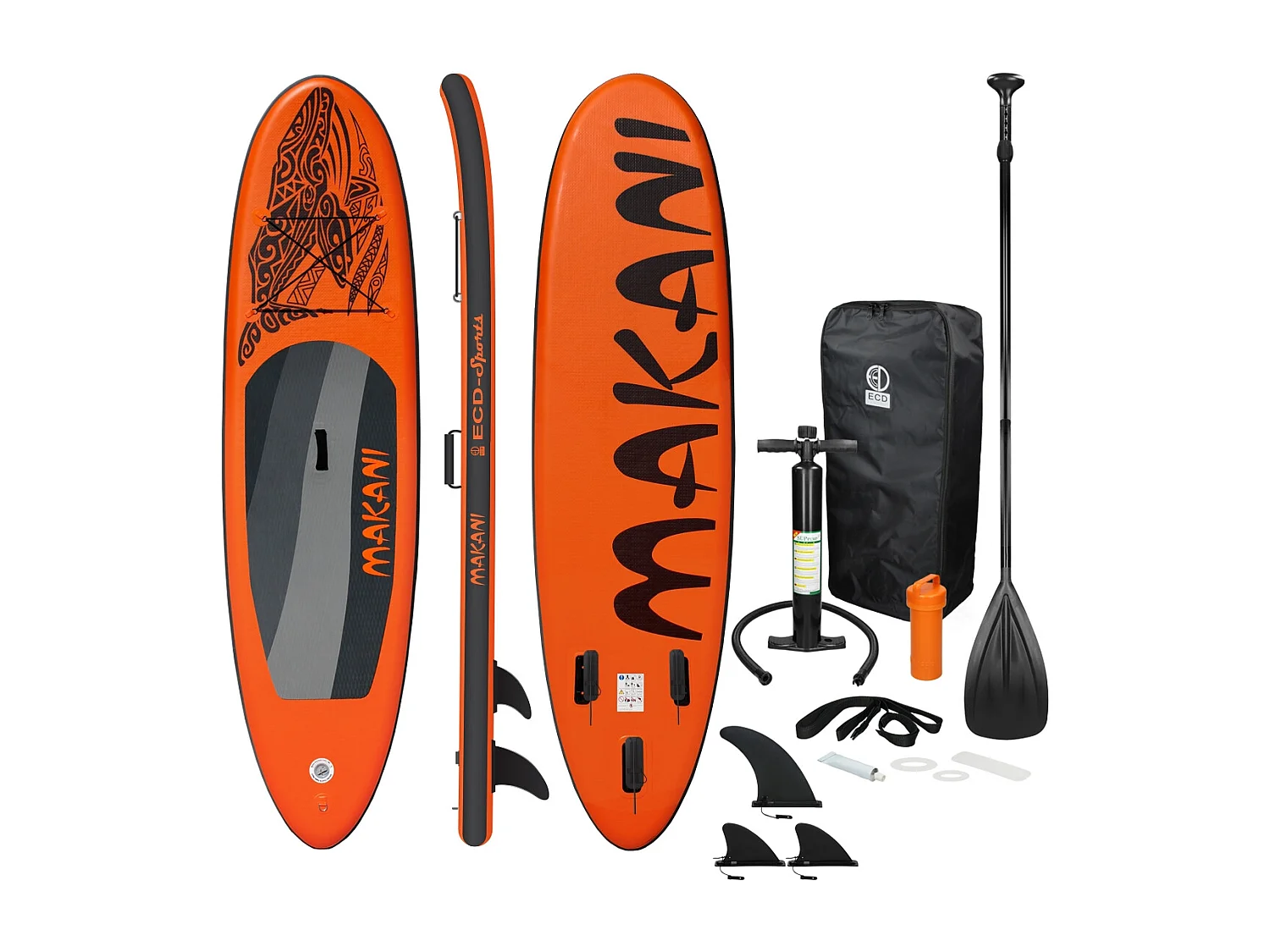 Planche stand up Makani 320x82x15 cm orange PVC gonflable jusqu'à 150 kg revêtement antidérapant avec pompe sac de transport kit de réparation pagaie