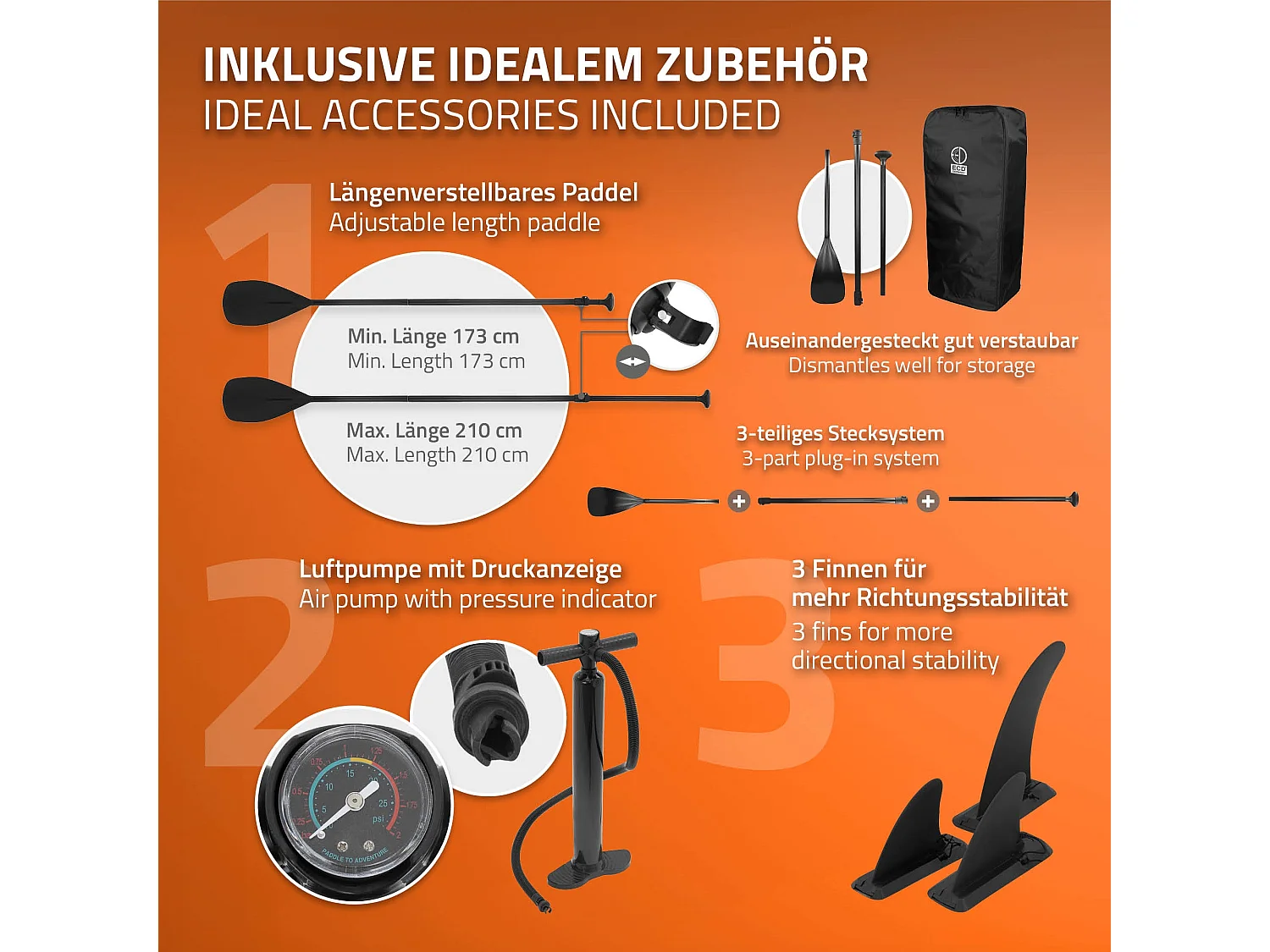 Planche stand up Makani 320x82x15 cm orange PVC gonflable jusqu'à 150 kg revêtement antidérapant avec pompe sac de transport kit de réparation pagaie