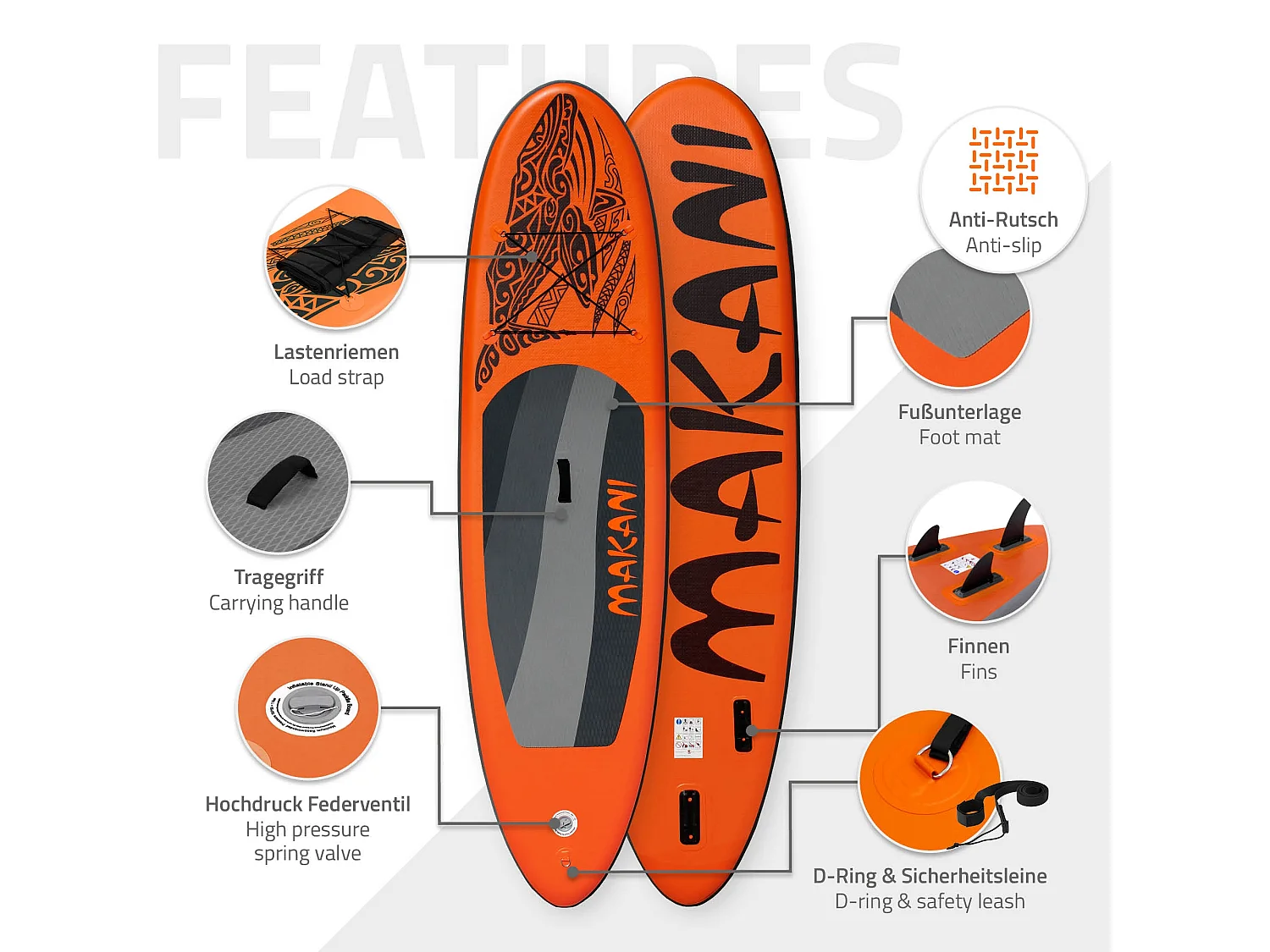 Planche stand up Makani 320x82x15 cm orange PVC gonflable jusqu'à 150 kg revêtement antidérapant avec pompe sac de transport kit de réparation pagaie