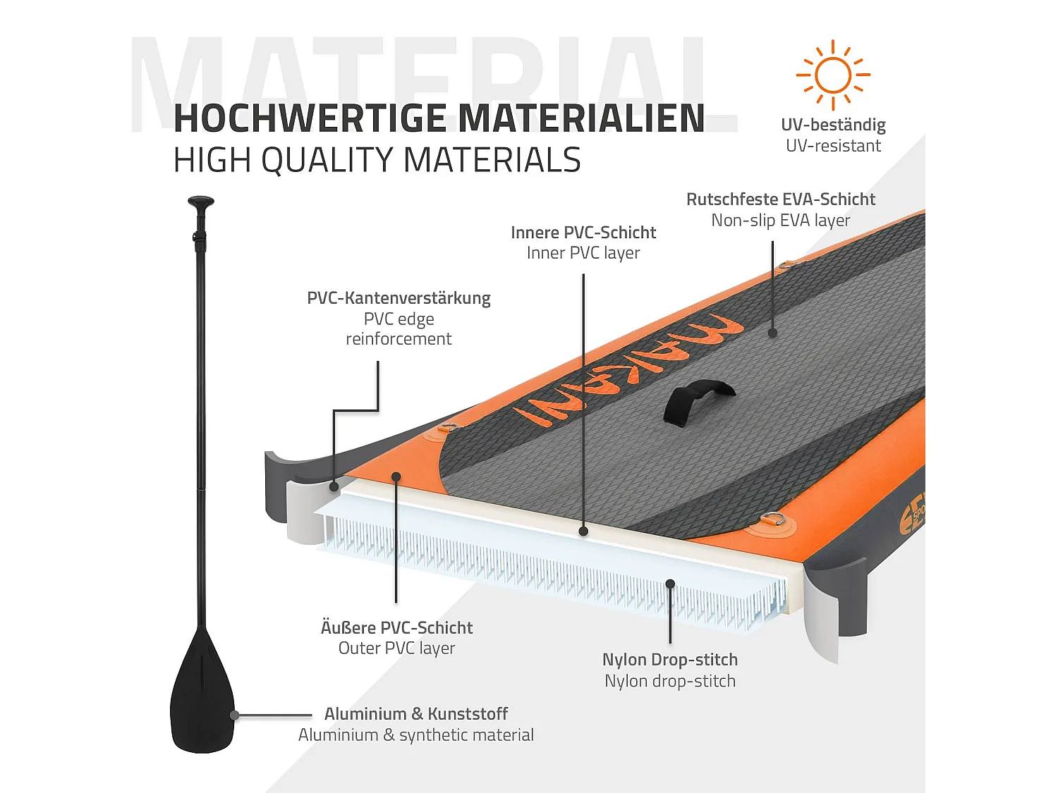 Planche stand up Makani 320x82x15 cm orange PVC gonflable jusqu'à 150 kg revêtement antidérapant avec pompe sac de transport kit de réparation pagaie
