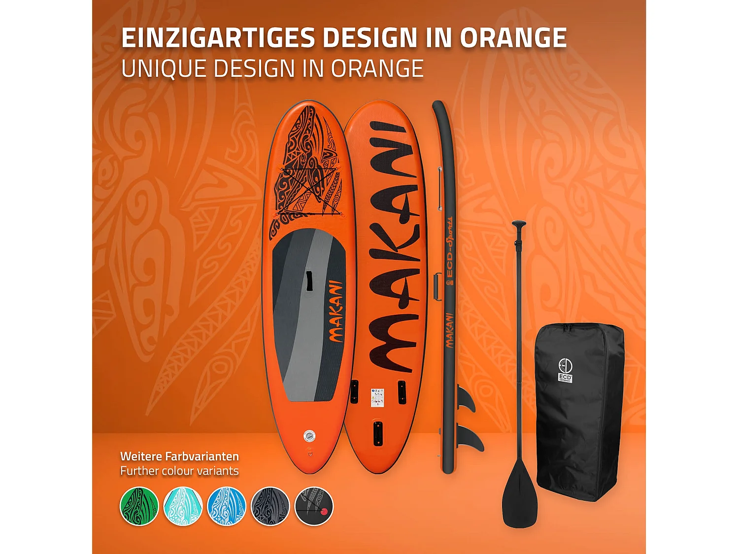 Planche stand up Makani 320x82x15 cm orange PVC gonflable jusqu'à 150 kg revêtement antidérapant avec pompe sac de transport kit de réparation pagaie