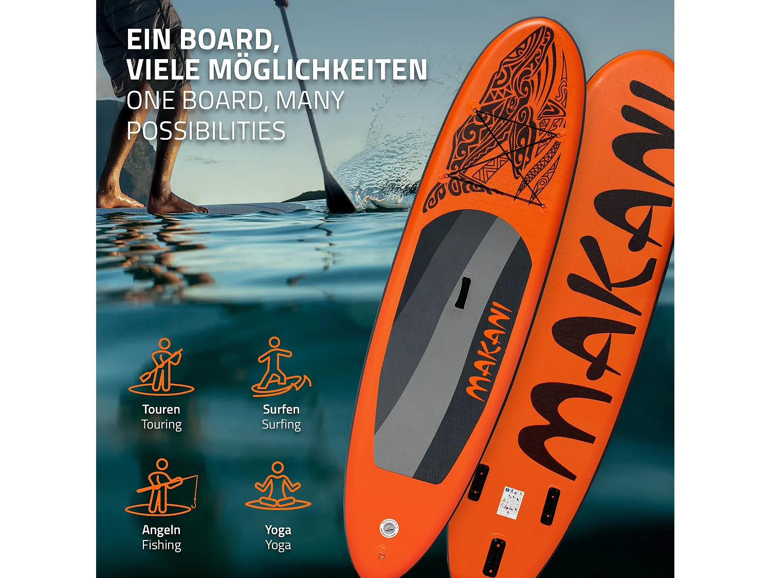 Planche stand up Makani 320x82x15 cm orange PVC gonflable jusqu'à 150 kg revêtement antidérapant avec pompe sac de transport kit de réparation pagaie