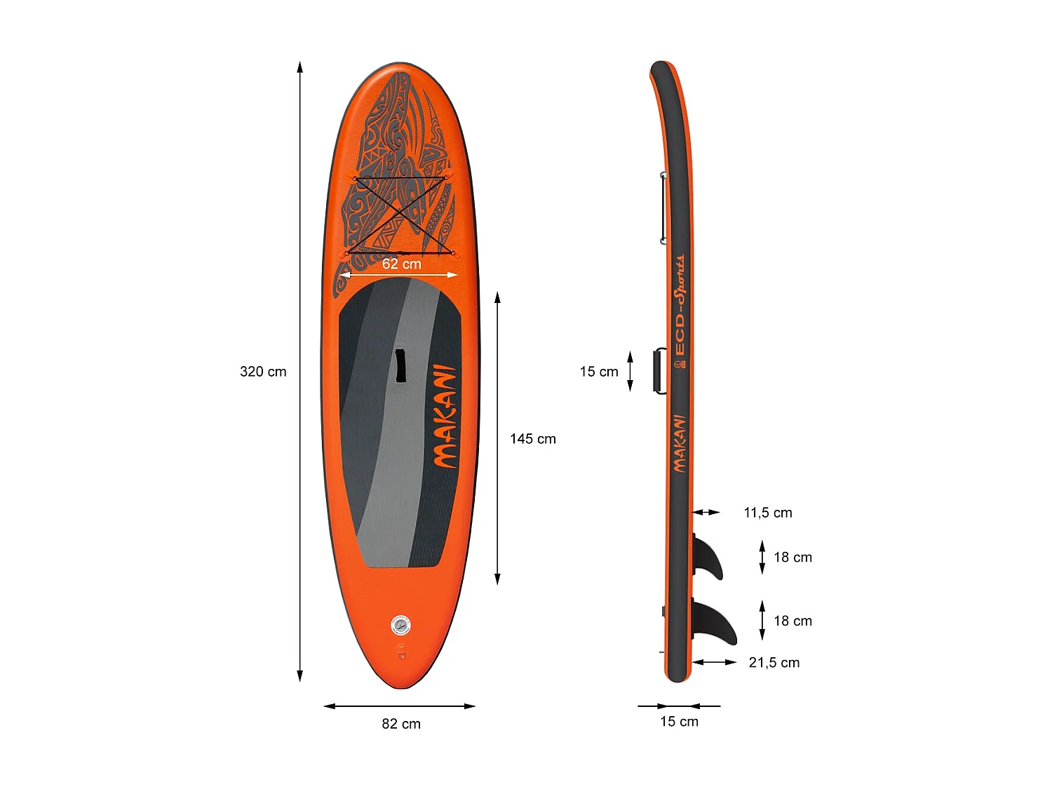 Planche stand up Makani 320x82x15 cm orange PVC gonflable jusqu'à 150 kg revêtement antidérapant avec pompe sac de transport kit de réparation pagaie