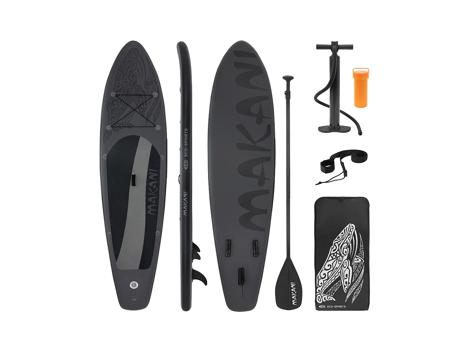 Planche stand up Makani 320x80x15 cm noir PVC gonflable jusqu'à 120 kg revêtement antidérapant avec pompe sac de transport kit de réparation pagaie