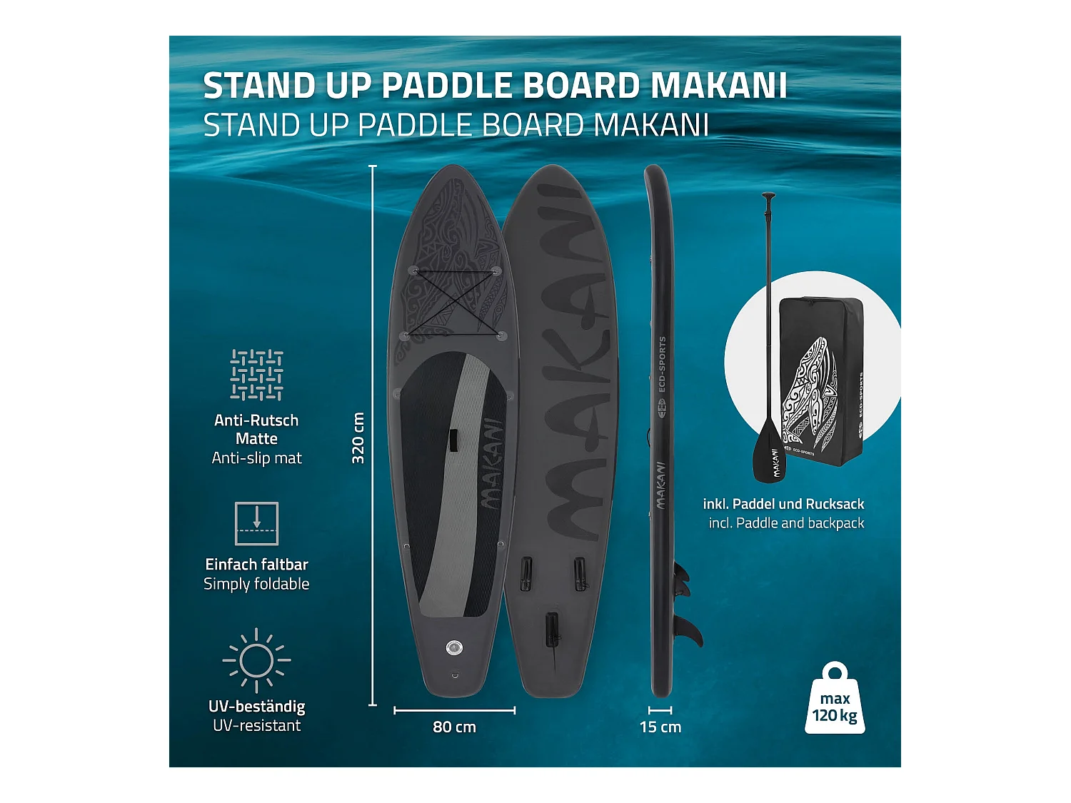Planche stand up Makani 320x80x15 cm noir PVC gonflable jusqu'à 120 kg revêtement antidérapant avec pompe sac de transport kit de réparation pagaie