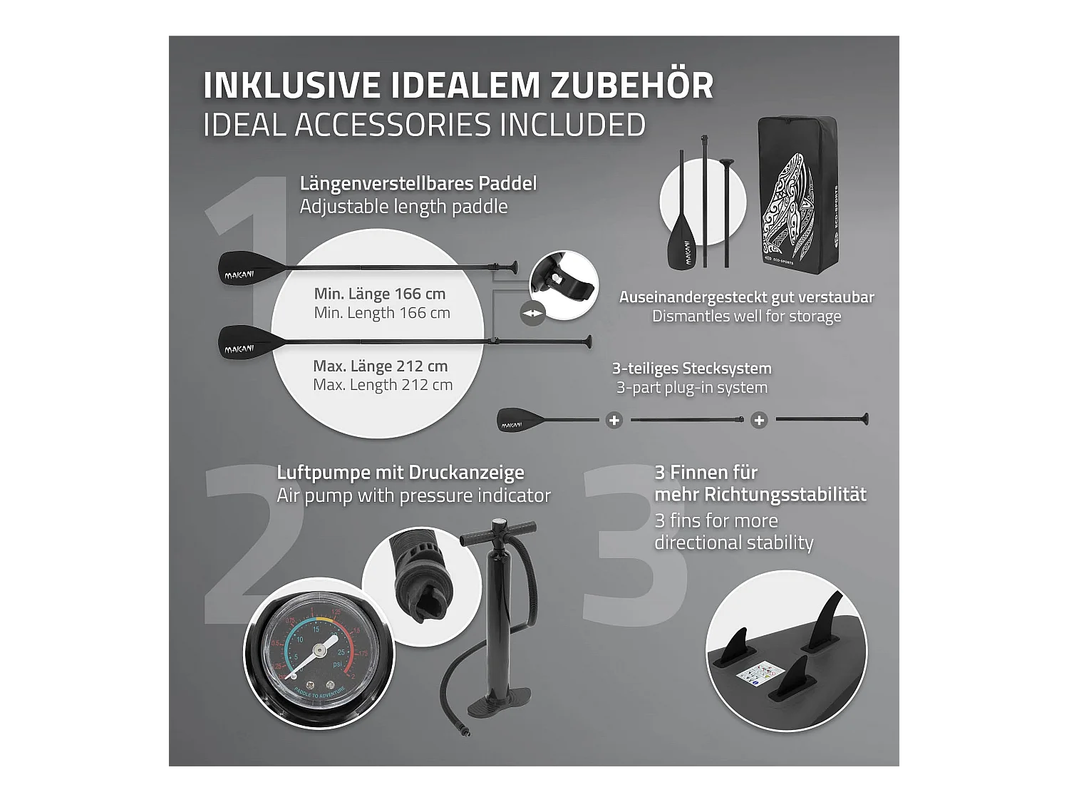 Planche stand up Makani 320x80x15 cm noir PVC gonflable jusqu'à 120 kg revêtement antidérapant avec pompe sac de transport kit de réparation pagaie