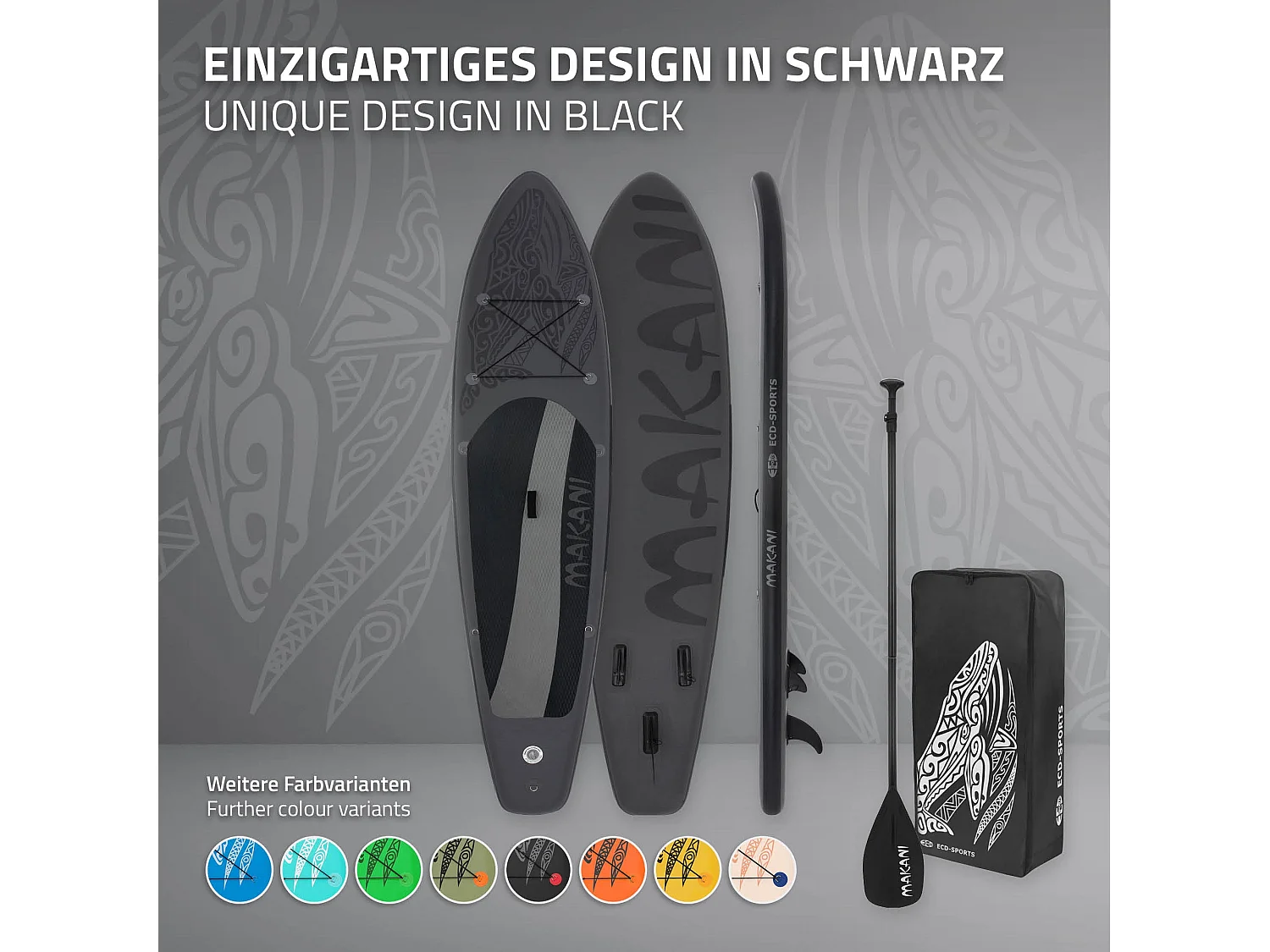 Planche stand up Makani 320x80x15 cm noir PVC gonflable jusqu'à 120 kg revêtement antidérapant avec pompe sac de transport kit de réparation pagaie