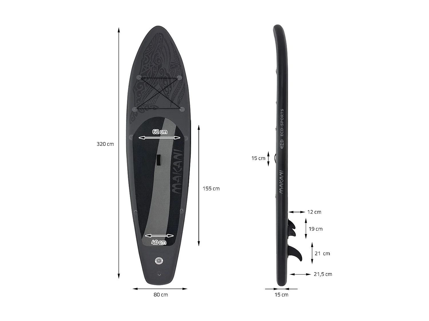 Planche stand up Makani 320x80x15 cm noir PVC gonflable jusqu'à 120 kg revêtement antidérapant avec pompe sac de transport kit de réparation pagaie