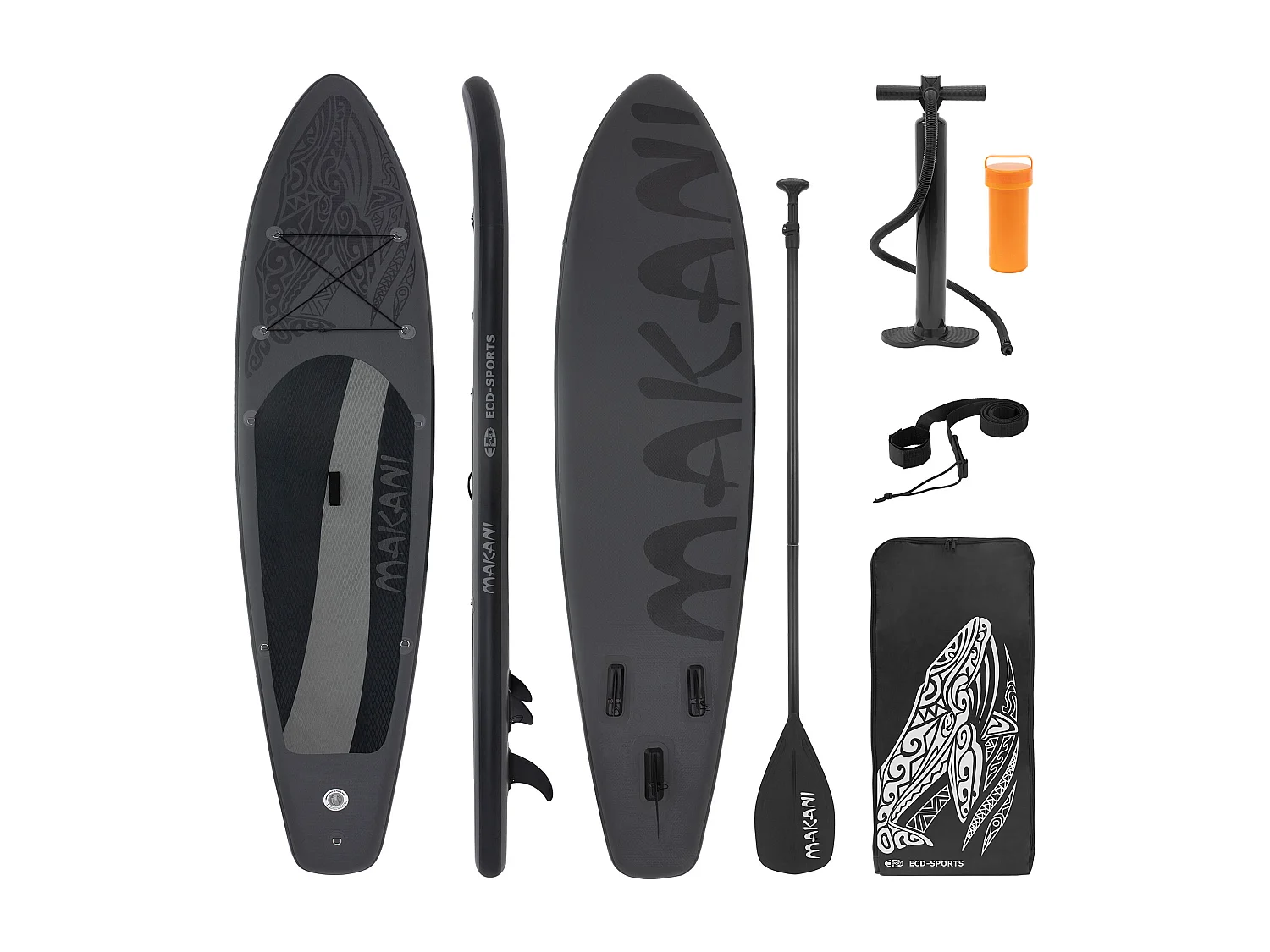 Planche stand up Makani 320x80x15 cm noir PVC gonflable jusqu'à 120 kg revêtement antidérapant avec pompe sac de transport kit de réparation pagaie