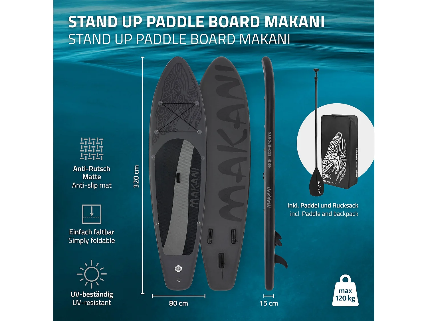 Planche stand up Makani 320x80x15 cm noir PVC gonflable jusqu'à 120 kg revêtement antidérapant avec pompe sac de transport kit de réparation pagaie