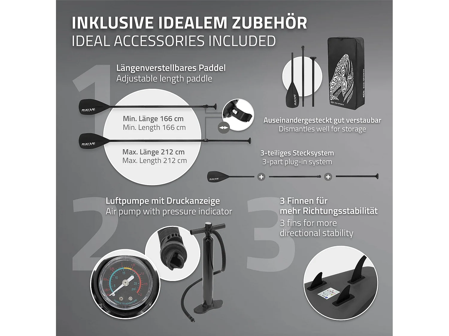 Planche stand up Makani 320x80x15 cm noir PVC gonflable jusqu'à 120 kg revêtement antidérapant avec pompe sac de transport kit de réparation pagaie