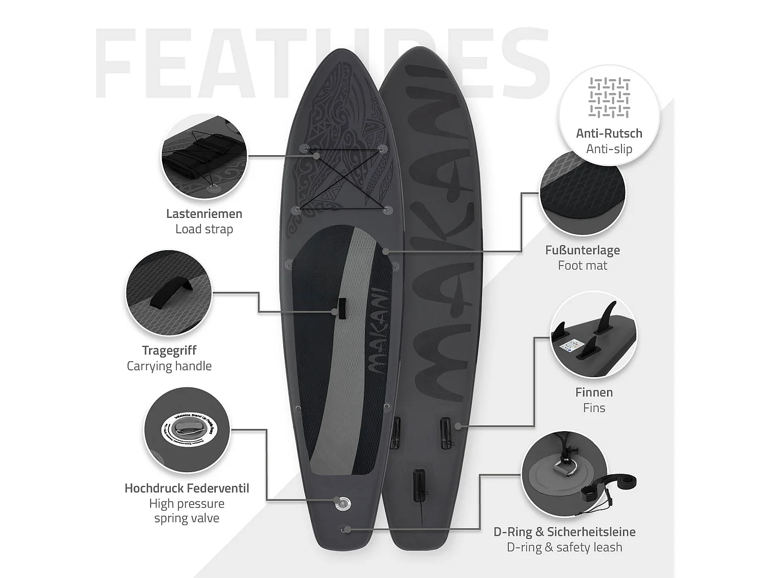 Planche stand up Makani 320x80x15 cm noir PVC gonflable jusqu'à 120 kg revêtement antidérapant avec pompe sac de transport kit de réparation pagaie