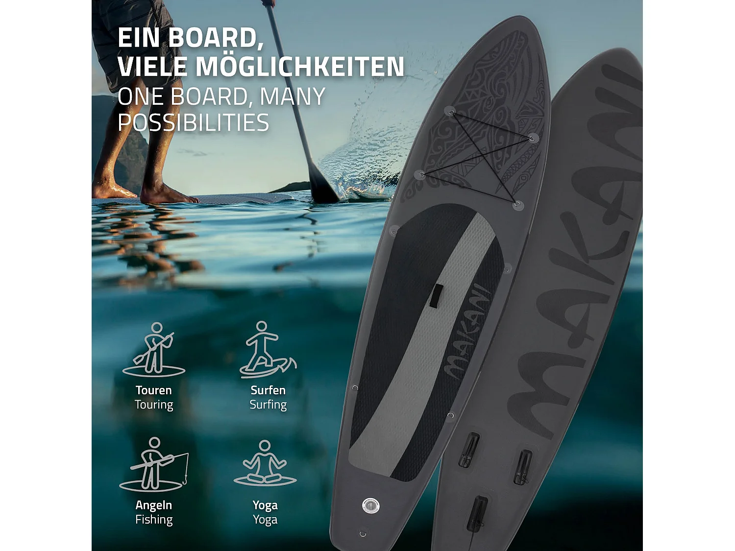 Planche stand up Makani 320x80x15 cm noir PVC gonflable jusqu'à 120 kg revêtement antidérapant avec pompe sac de transport kit de réparation pagaie