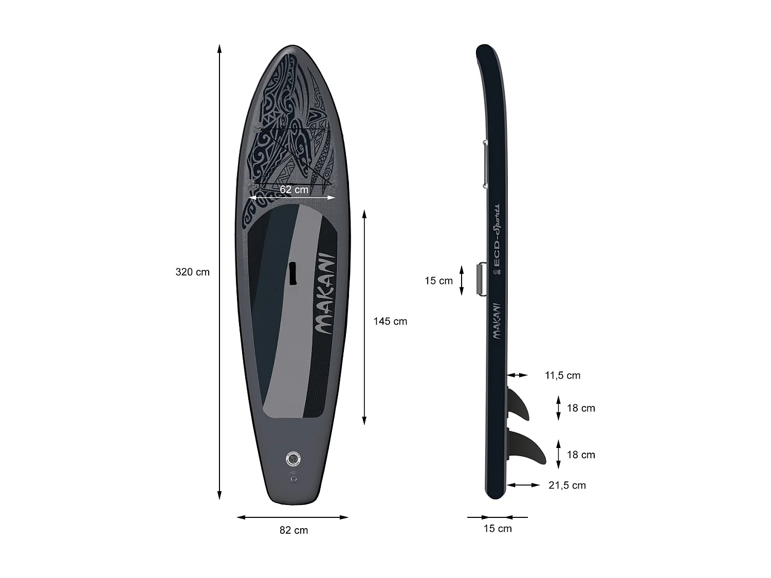 Planche stand up Makani 320x80x15 cm noir PVC gonflable jusqu'à 120 kg revêtement antidérapant avec pompe sac de transport kit de réparation pagaie