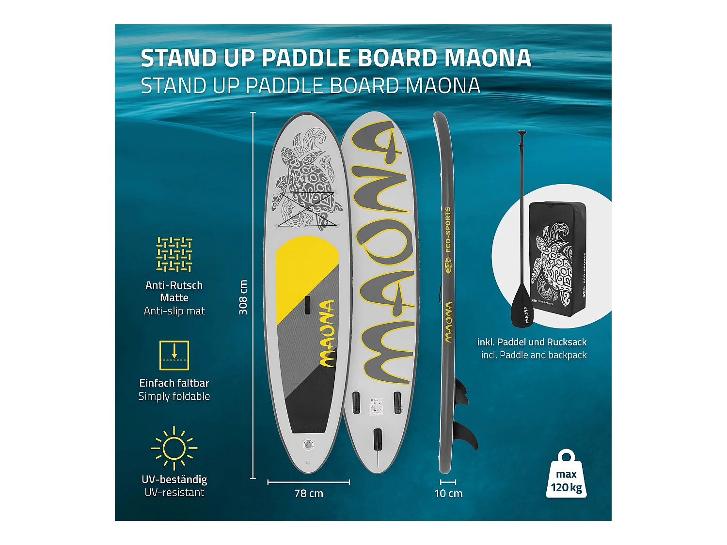 Planche stand up Maona 308x78x10 cm gris PVC gonflable jusqu'à 120kg revêtement antidérapant avec pompe sac de transport kit de réparation pagaie