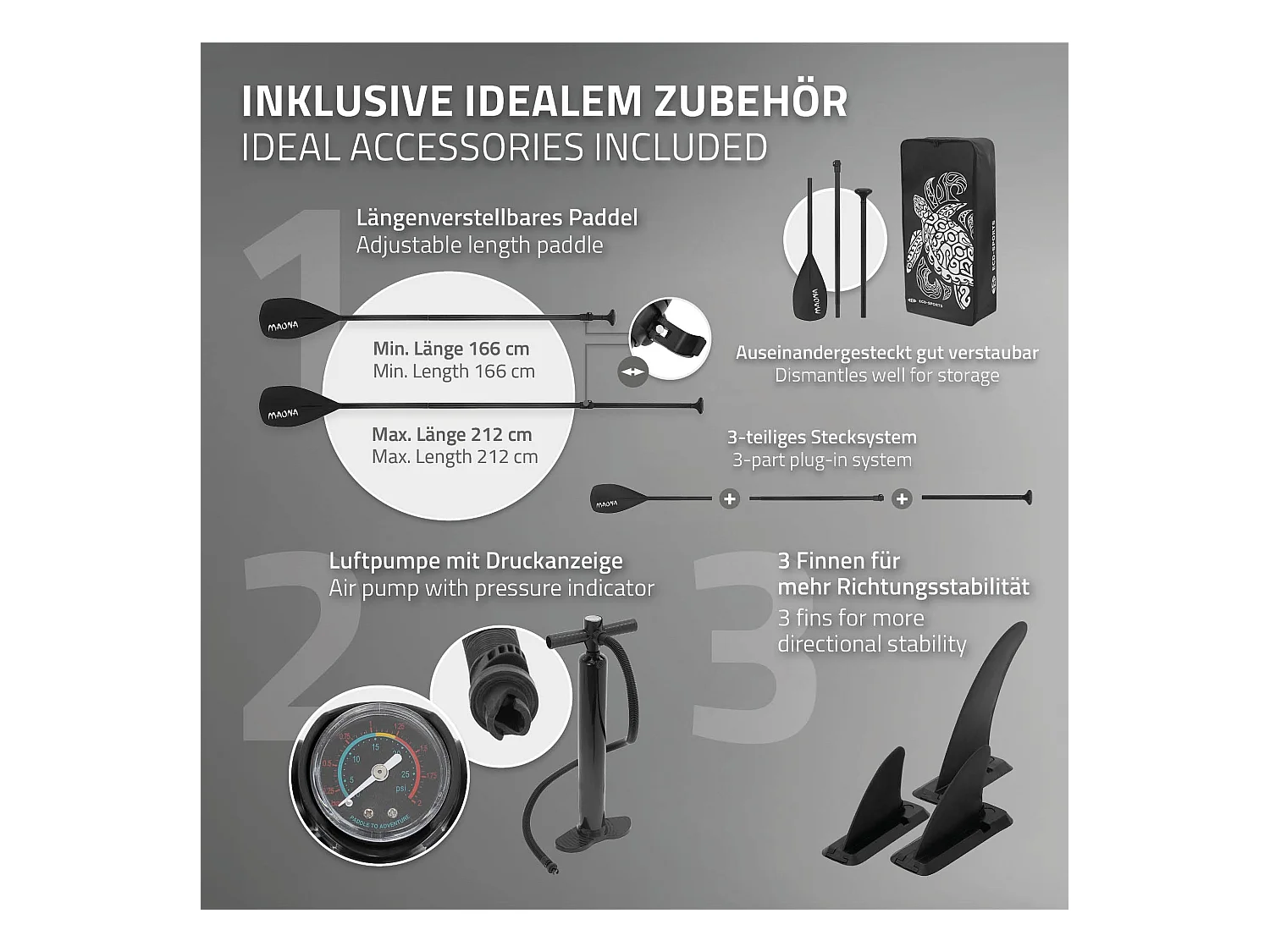 Planche stand up Maona 308x78x10 cm gris PVC gonflable jusqu'à 120kg revêtement antidérapant avec pompe sac de transport kit de réparation pagaie
