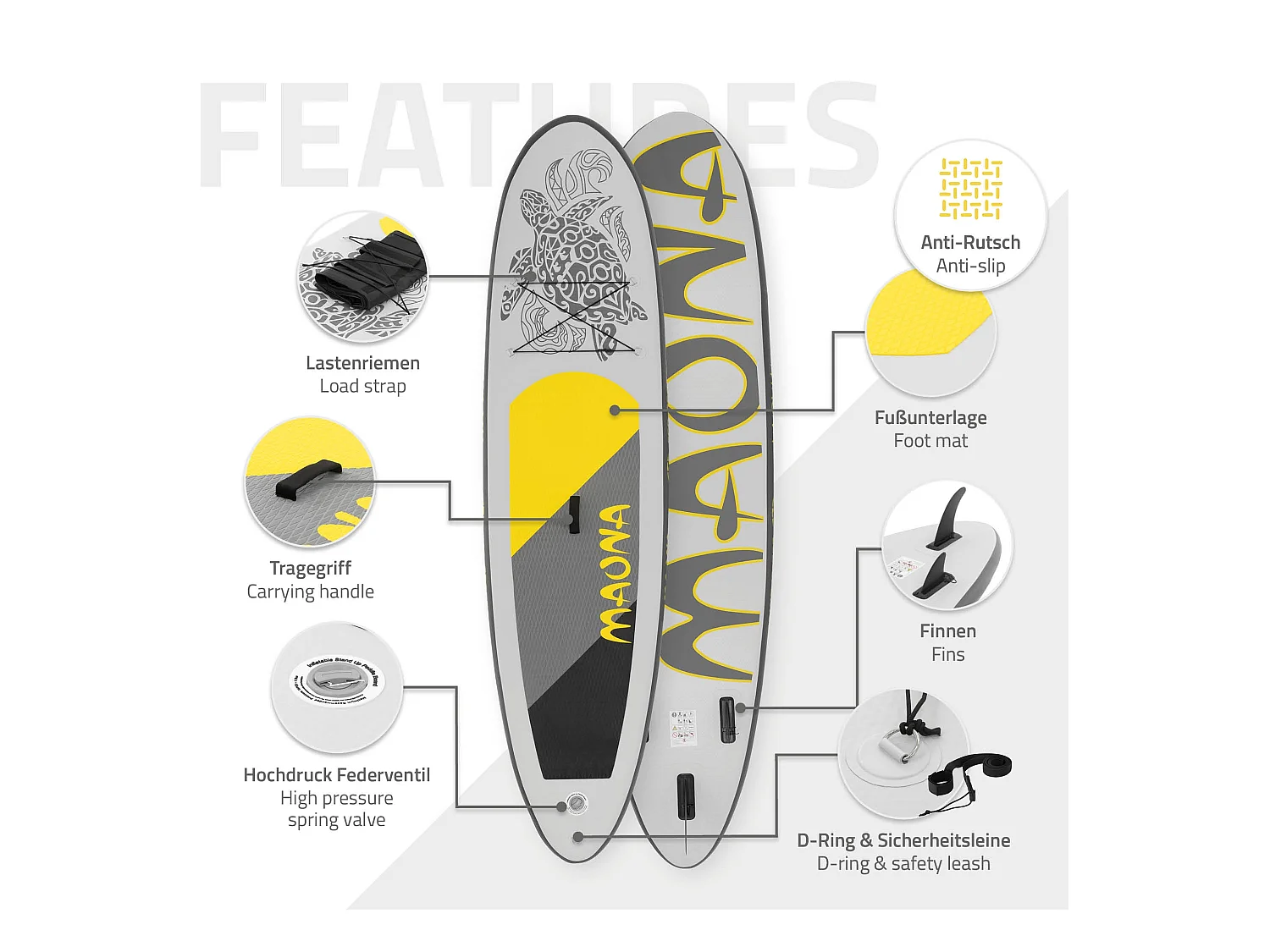 Planche stand up Maona 308x78x10 cm gris PVC gonflable jusqu'à 120kg revêtement antidérapant avec pompe sac de transport kit de réparation pagaie