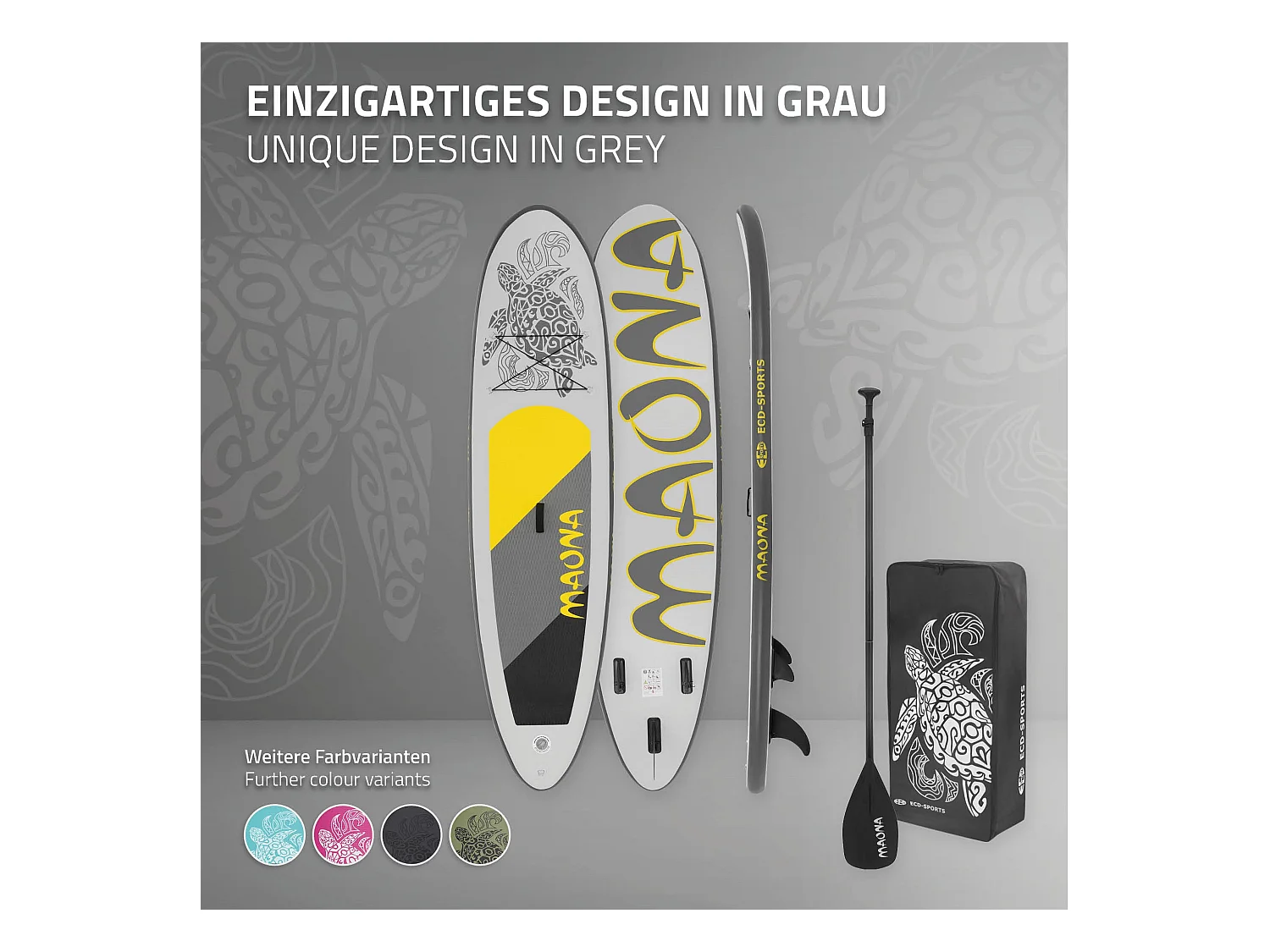 Planche stand up Maona 308x78x10 cm gris PVC gonflable jusqu'à 120kg revêtement antidérapant avec pompe sac de transport kit de réparation pagaie