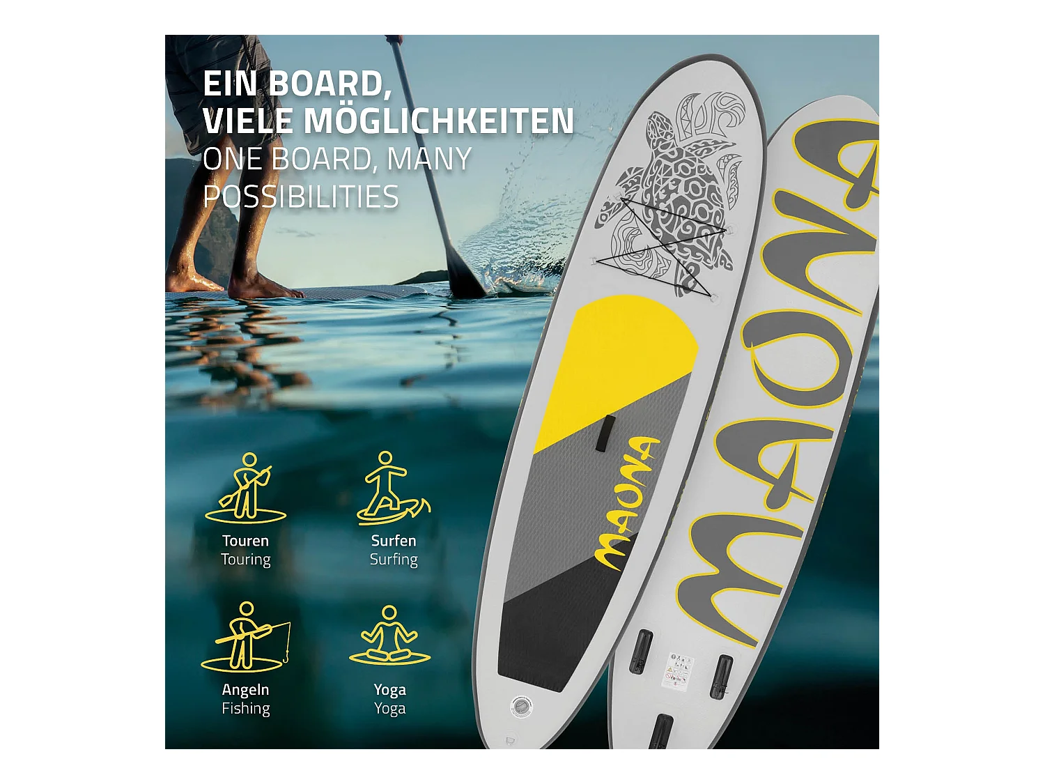 Planche stand up Maona 308x78x10 cm gris PVC gonflable jusqu'à 120kg revêtement antidérapant avec pompe sac de transport kit de réparation pagaie