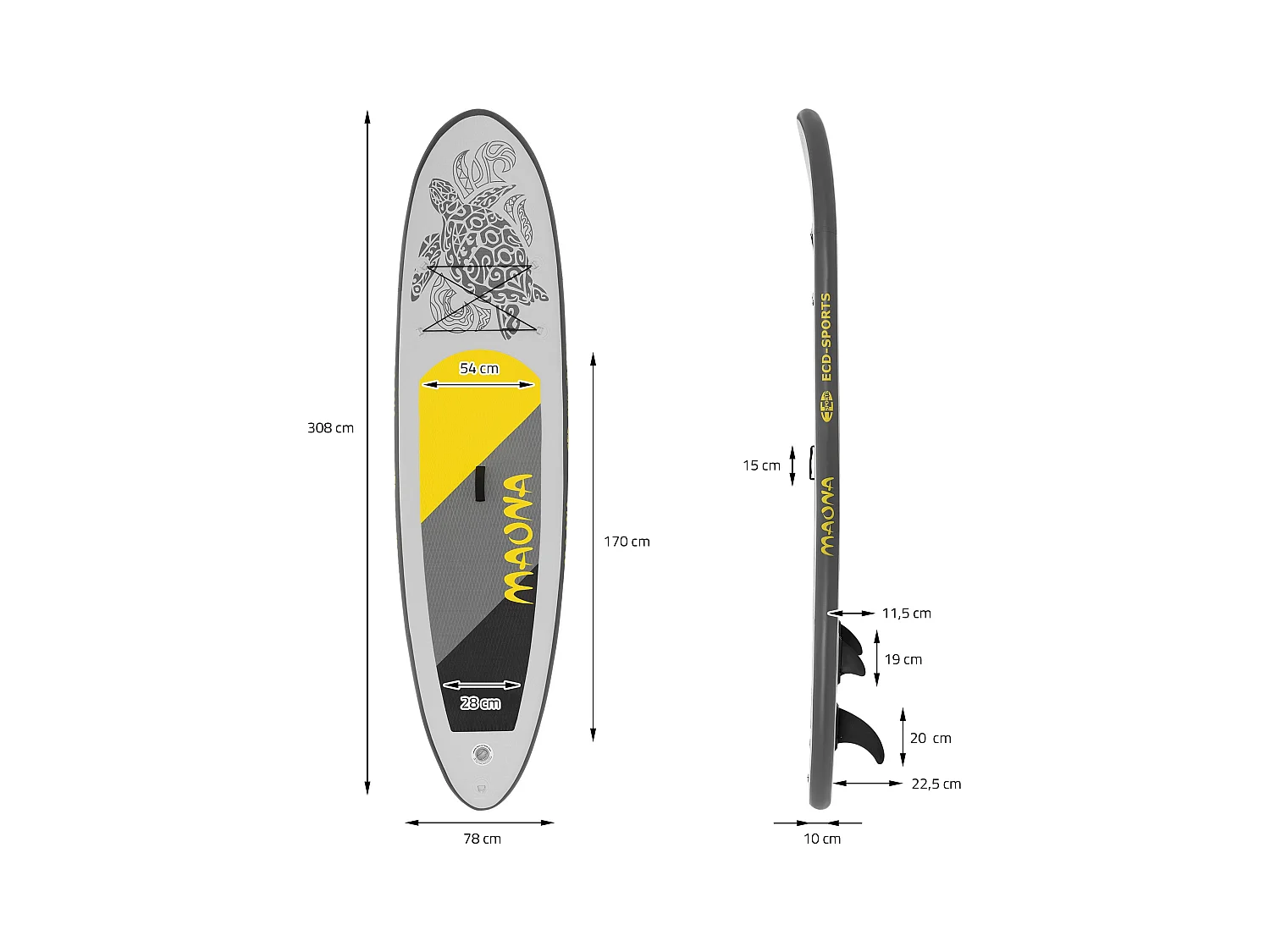 Planche stand up Maona 308x78x10 cm gris PVC gonflable jusqu'à 120kg revêtement antidérapant avec pompe sac de transport kit de réparation pagaie