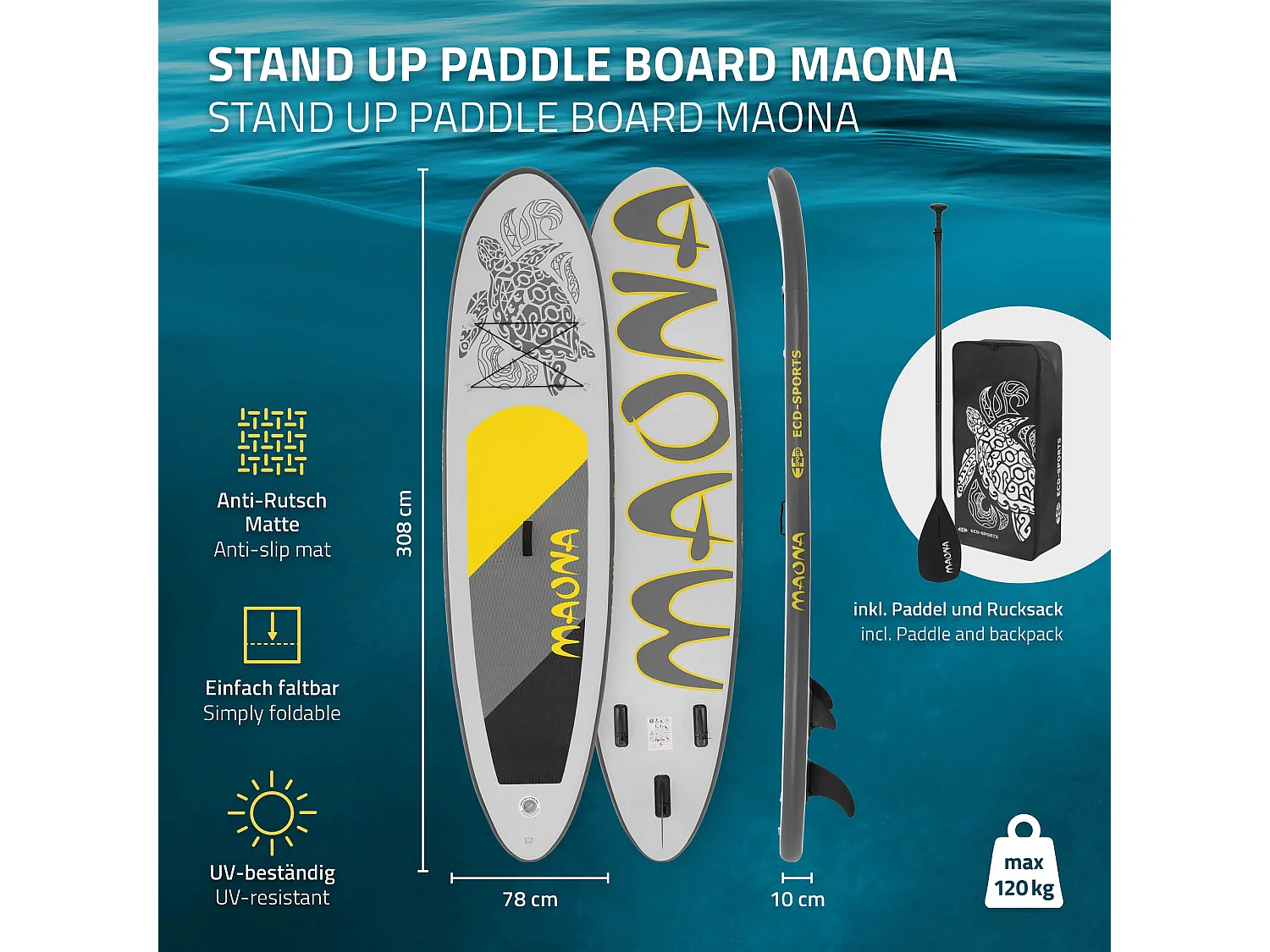 Planche stand up Maona 308x78x10 cm gris PVC gonflable jusqu'à 120kg revêtement antidérapant avec pompe sac de transport kit de réparation pagaie