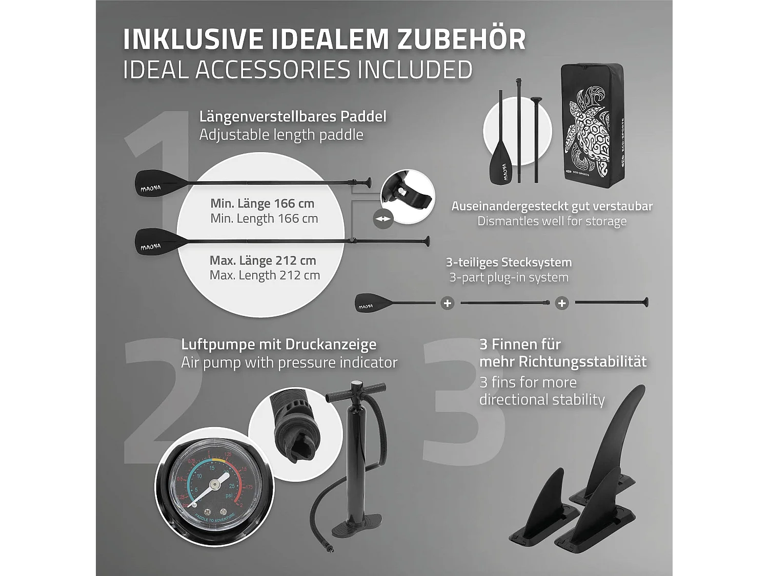 Planche stand up Maona 308x78x10 cm gris PVC gonflable jusqu'à 120kg revêtement antidérapant avec pompe sac de transport kit de réparation pagaie