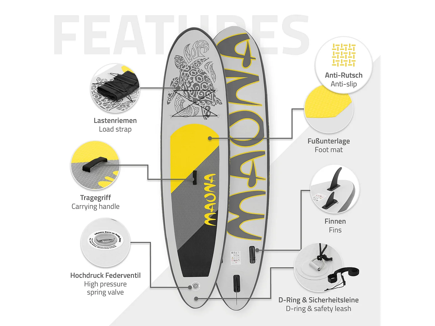 Planche stand up Maona 308x78x10 cm gris PVC gonflable jusqu'à 120kg revêtement antidérapant avec pompe sac de transport kit de réparation pagaie