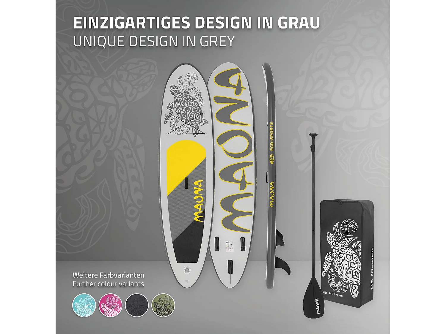 Planche stand up Maona 308x78x10 cm gris PVC gonflable jusqu'à 120kg revêtement antidérapant avec pompe sac de transport kit de réparation pagaie