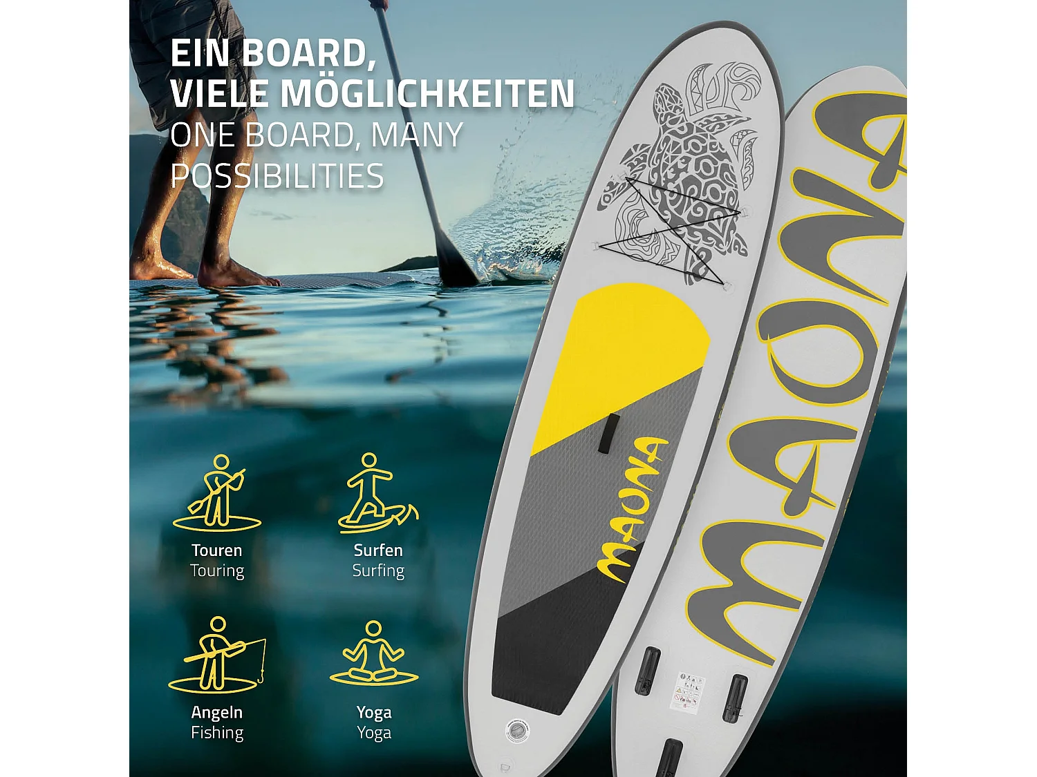 Planche stand up Maona 308x78x10 cm gris PVC gonflable jusqu'à 120kg revêtement antidérapant avec pompe sac de transport kit de réparation pagaie