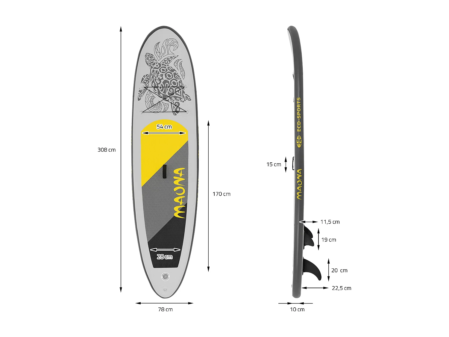 Planche stand up Maona 308x78x10 cm gris PVC gonflable jusqu'à 120kg revêtement antidérapant avec pompe sac de transport kit de réparation pagaie